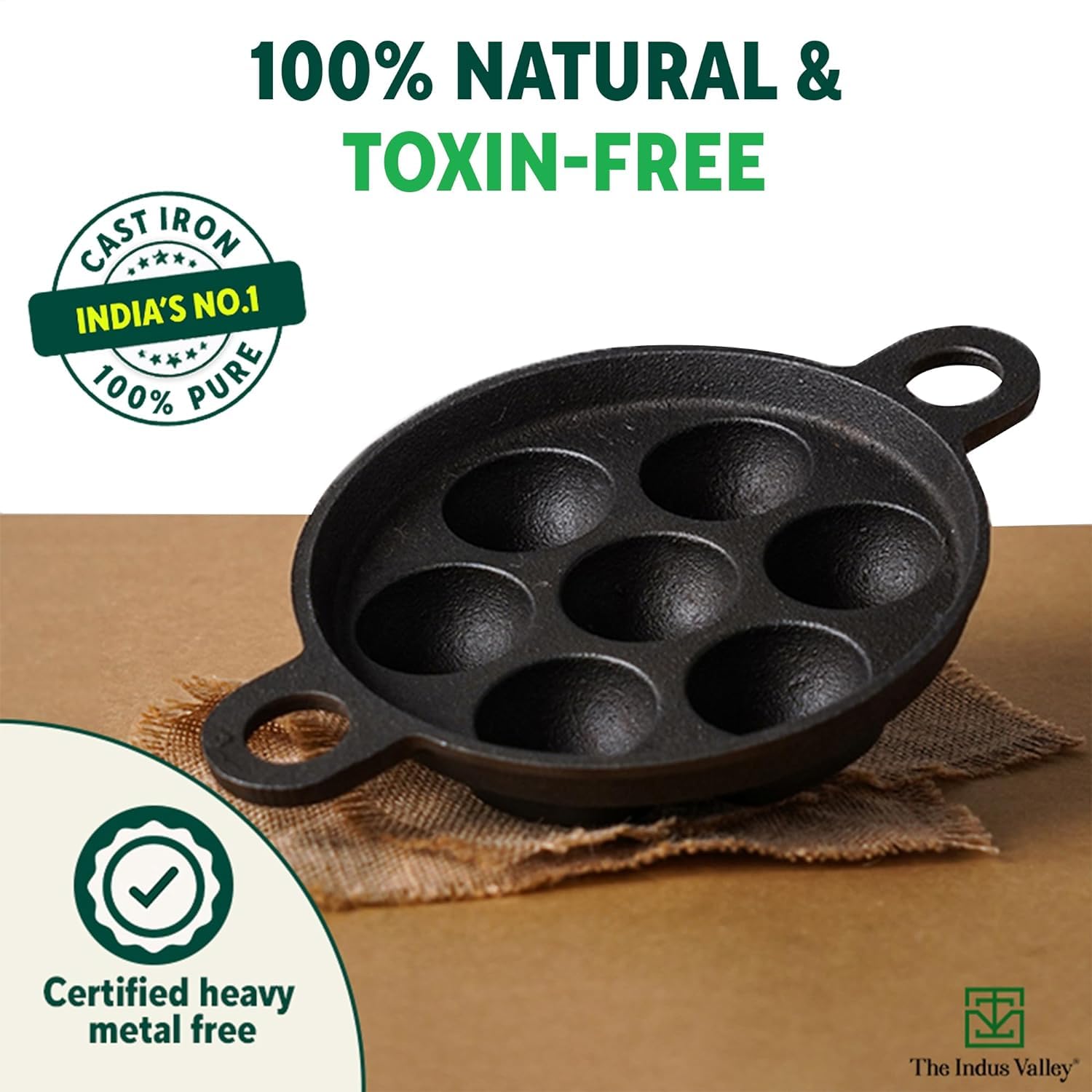 Super Smooth Black Cast Iron Paniyaram Pan With Free Wooden Picker - 7pit, 19 Cm, 7.4 Inch, 2.2 Kg | Induction Friendly, Pre-Seasoned Paddu Pan, 100% Pure & Toxin-Free, No Chemical Coating