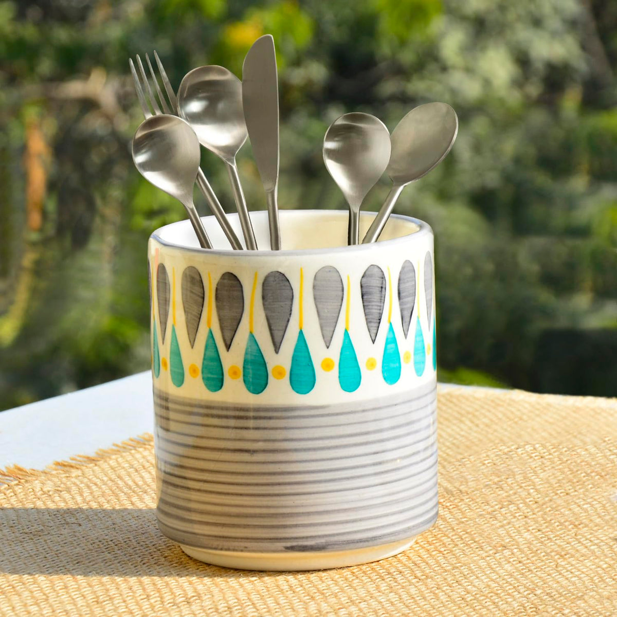 Hand Painted Ceramic Cutlery Stand - Grey, Turquoise Blue & Yellow, 600ml | Multi Utility Jar - Toothbrush Holder - Pen Stand