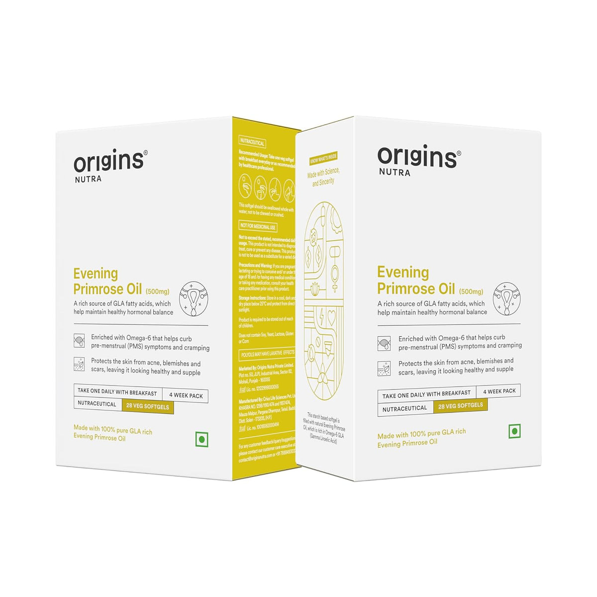 Origins Nutra Evening Primrose Oil Supports Hormonal Balance, Helps Lower Pms Symptoms, Improves Skin Health For Men & Women | 28 Veg Softgels 50gm 0.1lbs Each Pack Of 2