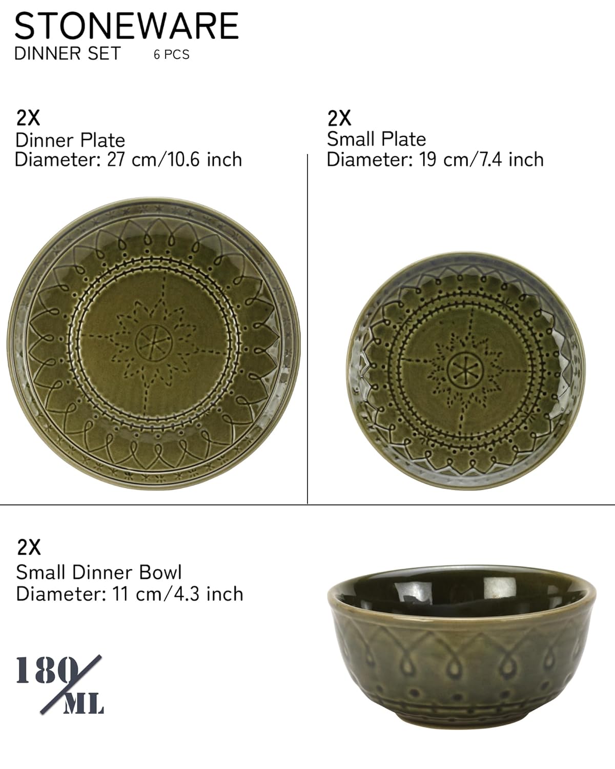 Handcrafted Stoneware Embossed Ceramic Dinner Set Of 6 Pcs - Moss Green | 2 Dinner Plates+ 2 Small Plates+ 2 Small Bowls, 180ml Each - Microwave & Dishwasher Safe | Serving For 2