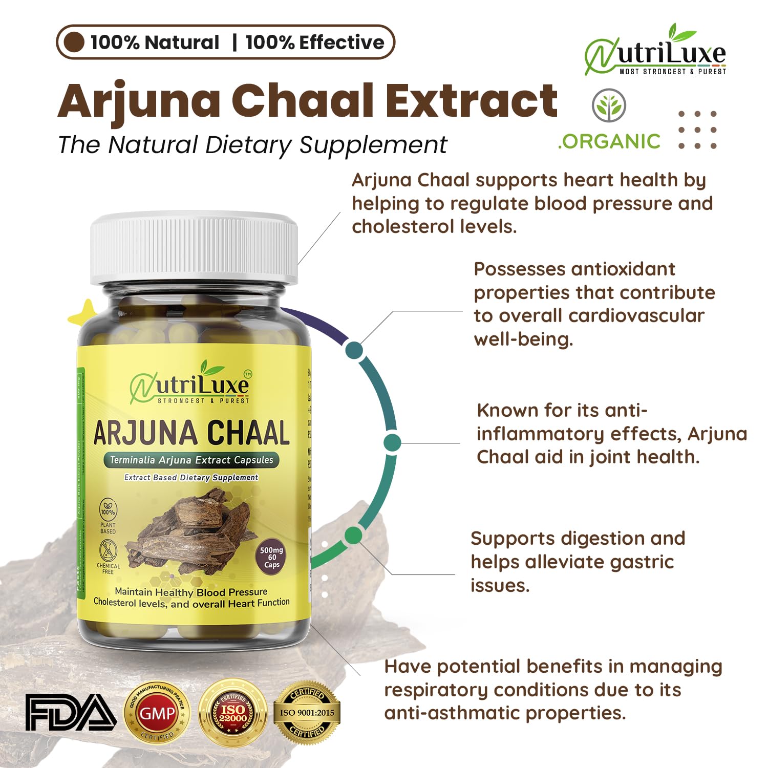 Nutriluxe Arjun Ki Chaal Extract Capsules Promotes Heart Health, Regulates Blood Pressure & Cholesterol Levels | 60 Capsules 100gm 0.2lbs Each Pack Of 2