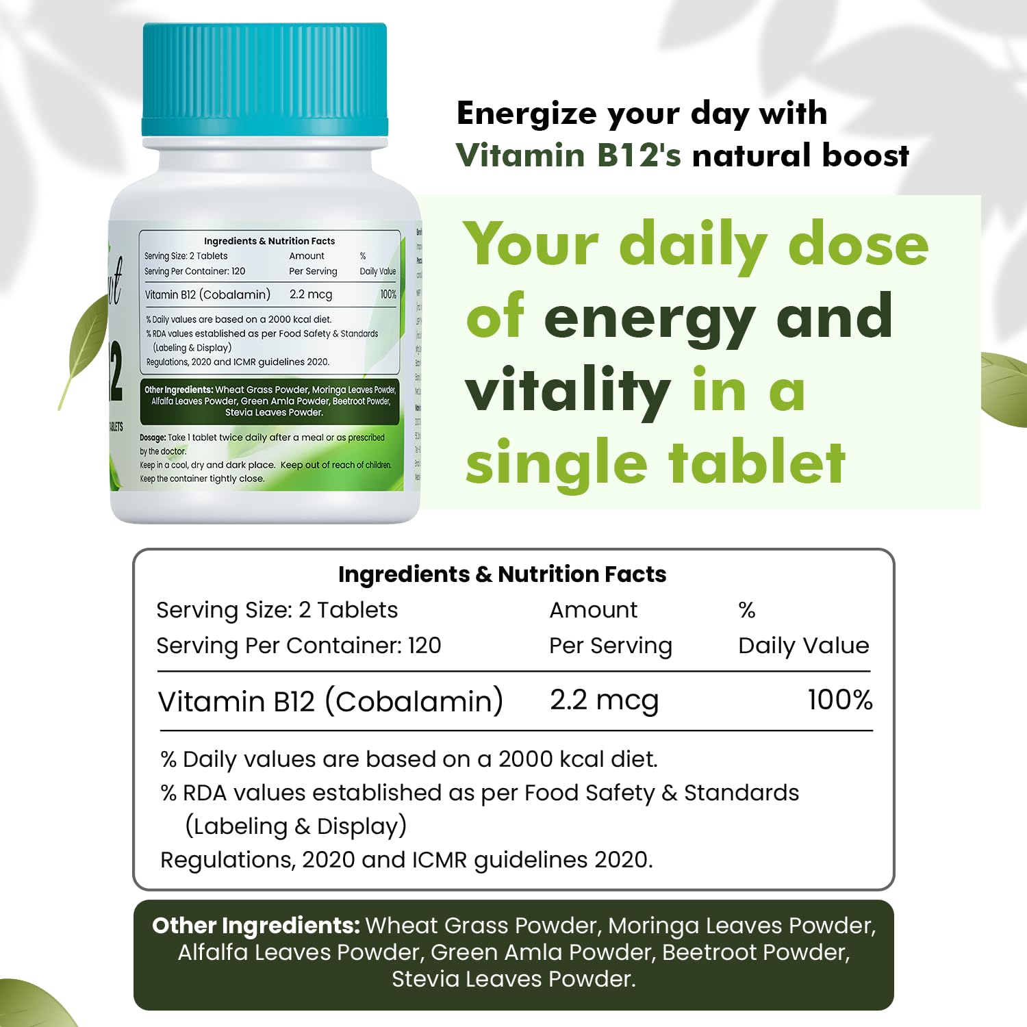 Sprowt Plant Based Methylcobalamin (90%) Vitamin B12 Supplements , Good For Digestion And Nerve Health | 120 Tablets , 200gm 0.4lbs