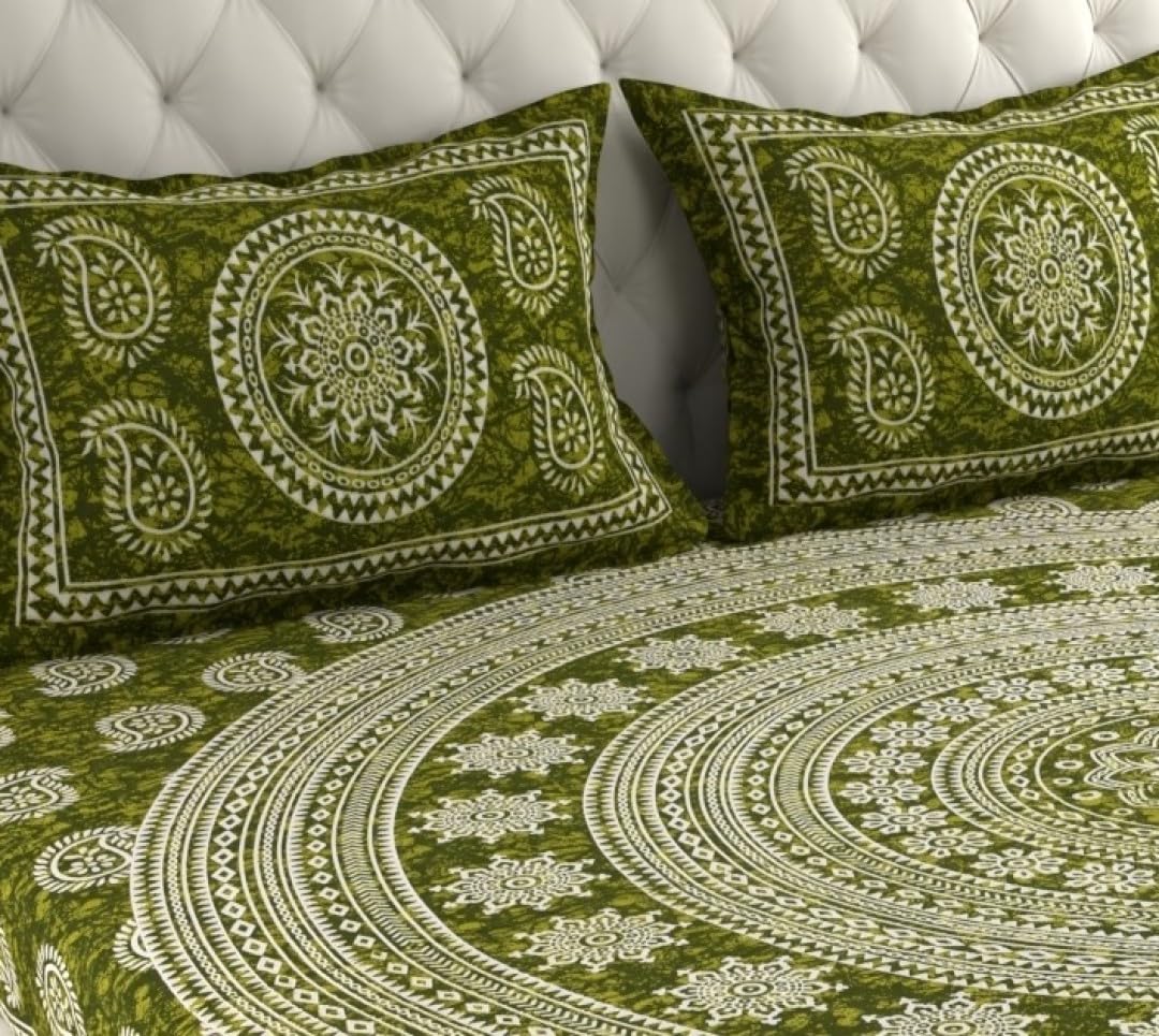 Printed Double Bedsheet For King Size With 2 Pillow Covers - 90 X 100 Inches, Green & White | Better Use Soft Detergent For Long Durability