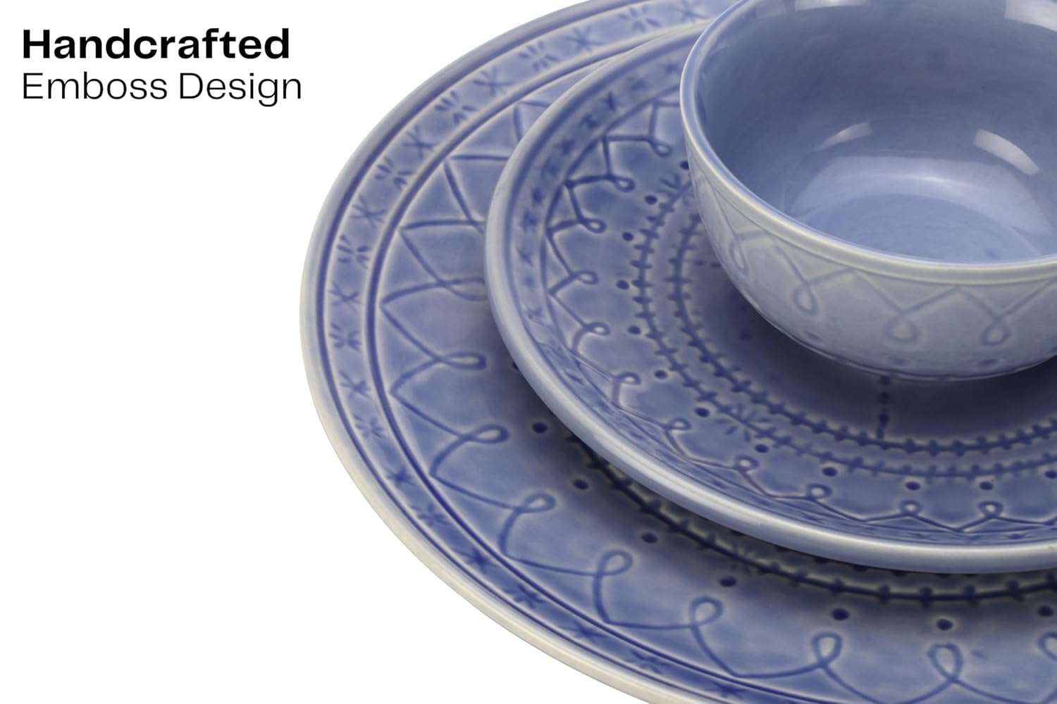 Handcrafted Stoneware Embossed Ceramic Dinner Set Of 18 Pcs - Mist Blue | 6 Dinner Plates+ 6 Small Plates+ 6 Small Dinner Bowls, 180ml Each | Microwave & Dishwasher Safe - Serving For 6