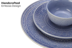 Handcrafted Stoneware Embossed Ceramic Dinner Set Of 12 Pcs - Mist Blue | 4 Dinner Plates+ 4 Small Plates+ 4 Small Dinner Bowls, 180ml Each | Microwave & Dishwasher Safe - Serving For 4