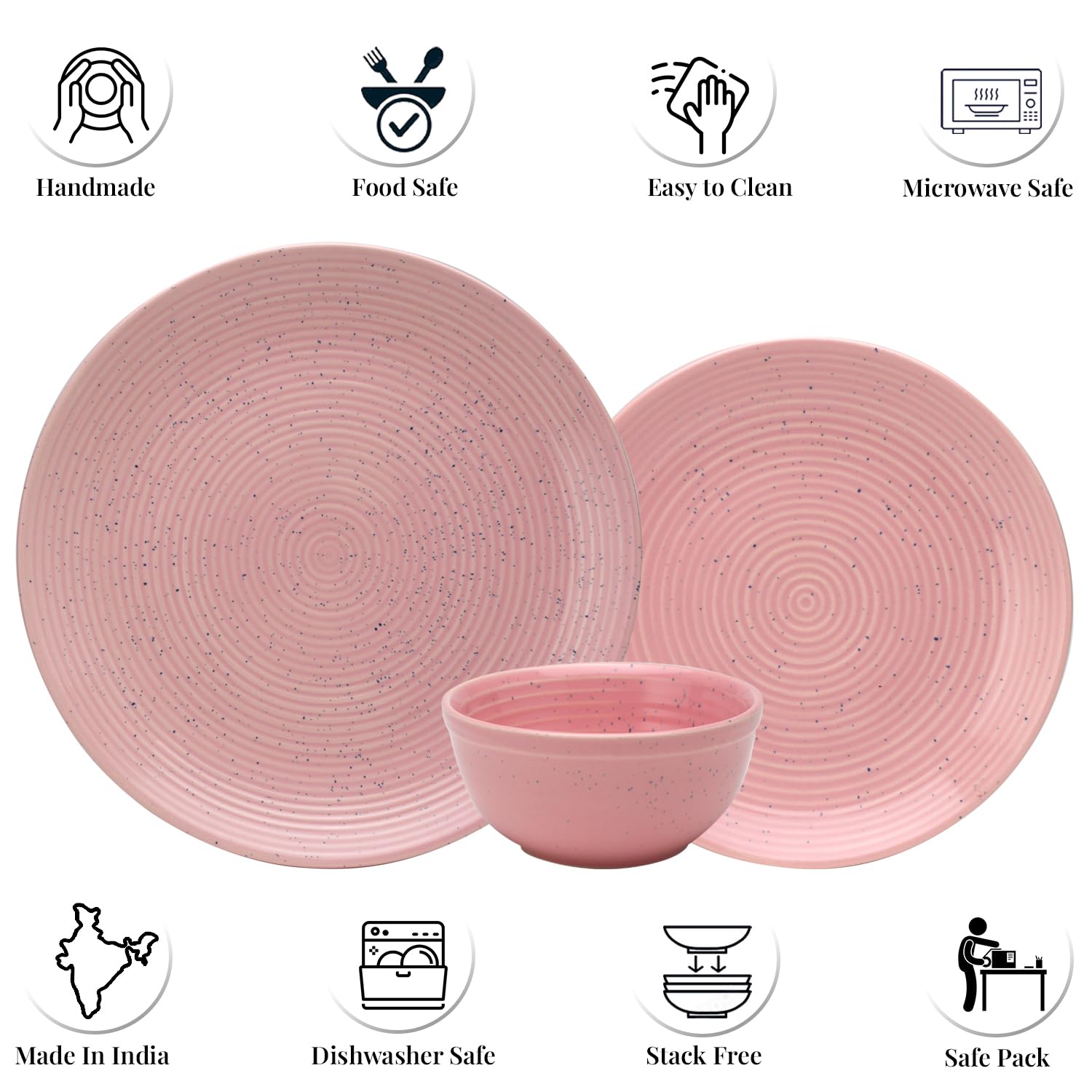 Handcrafted Ceramic Stoneware Dinner Set - Pack Of 12, Blush Pink | 4 Dinner Plates, 10.6 Inch Each + 4 Small Plates, 7.4 Inch Each+ 4 Small Dinner Bowl, 180ml Each - Microwave & Dishwasher Safe