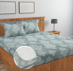 Pure Cotton Full Elastic Fitted Bedsheets For Double King Size Bed With 2 Pillow Covers | 72x78+10 Inches, Silver & White | Super Soft Brushed Glace | Breathable & Wrinkle Free