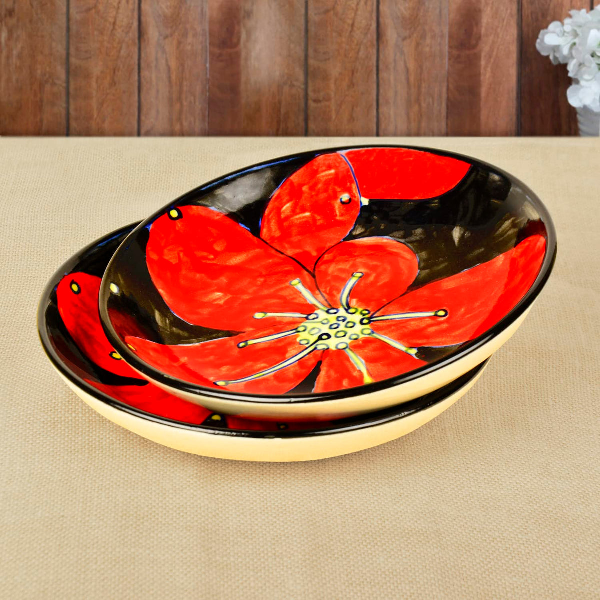 Hand Painted Ceramic Floral Round Pasta Serving Plates Set Of 2 - 8.5 Inches, Red & Black | Soup Plates - Ceramic Maggi Plates