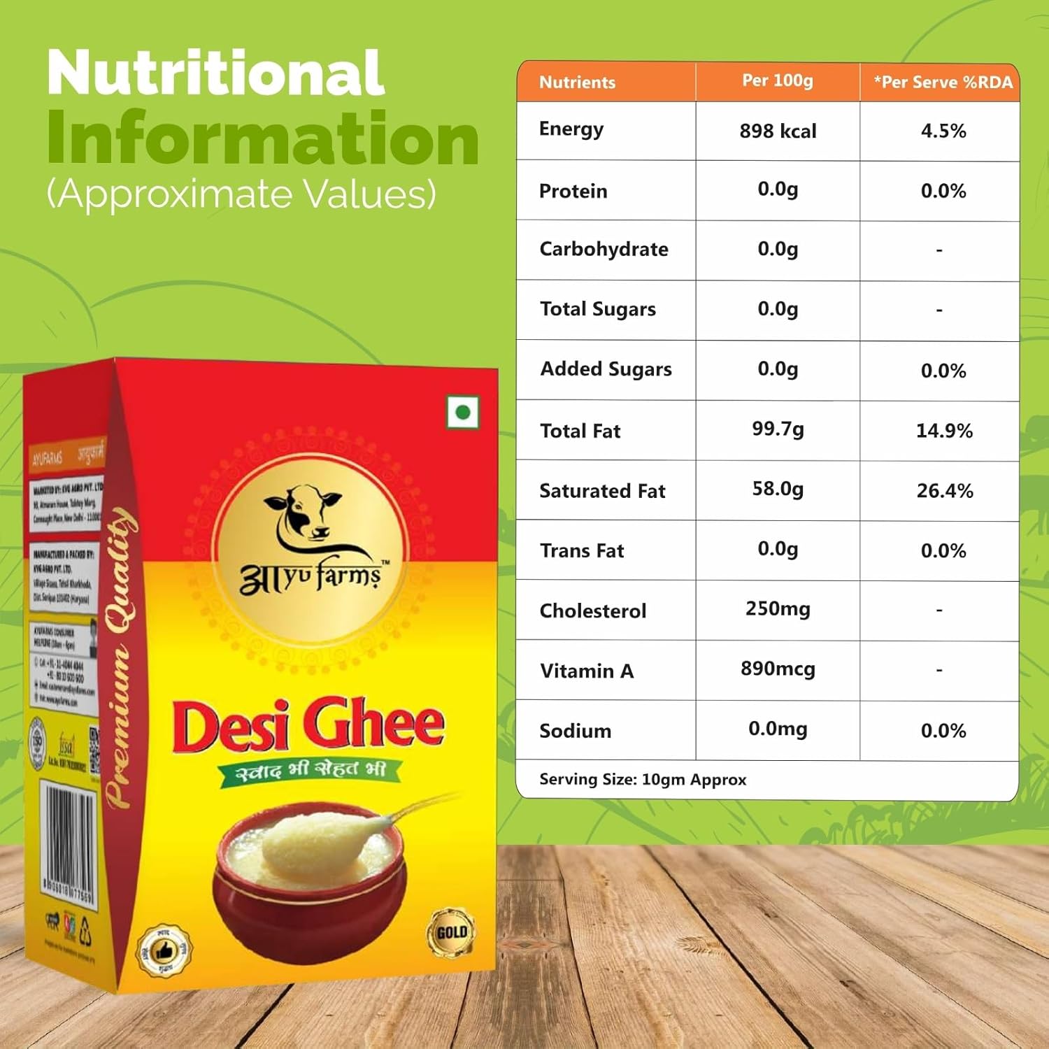 100% Natural Desi Ghee By Ayufarms | High In Vitamin A, Curd Cultured & Churned Ghee For Laddu & Suji Halwa | (1 Litre) 33.8 Ounce | Box Pack