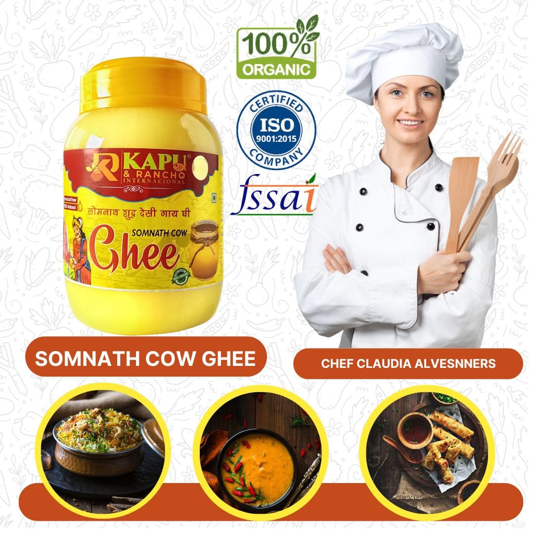 Pure Somnath Cow Ghee By Kapu & Rancho Internacional | Rich Source Of Vitamin & Protein Fiber Pure Healthy Cow Ghee Perfect For Boost Immunity | (1 Litr) 33.8 Ounce | Jar Pack