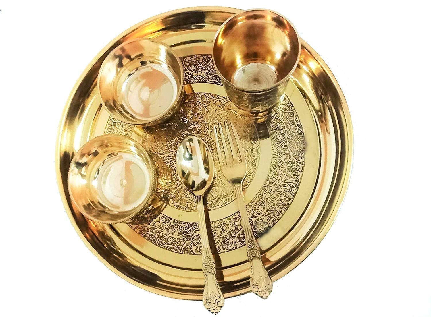 Golden Pure Brass Engraved Thali Set Of 6 Pieces - 1 Plate+ 1 Glass+ 2 Bowl+ 1 Spoon+ 1 Fork | Flowers Design Dinner Set