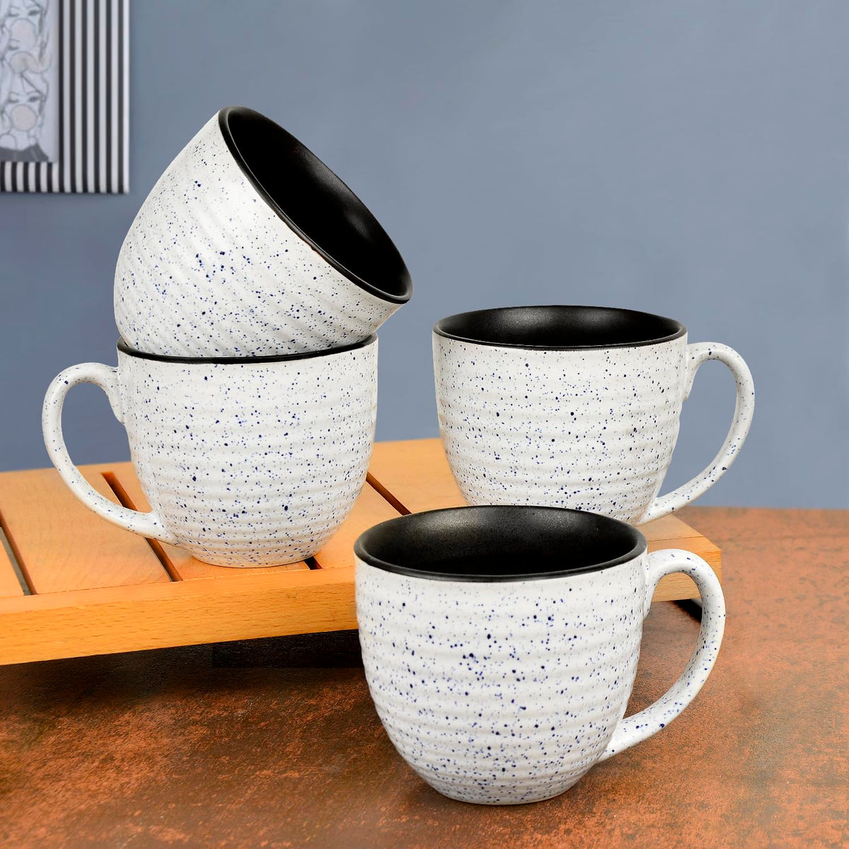 Studio Pottery Ceramic Speckled Soup Cups With Handle Set Of 4 - 350ml Each, Off White & Blue | Maggi Bowls - Cereal Bowls