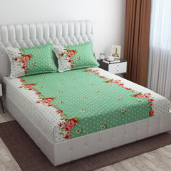 Elastic Fitted Bedsheets For King Size With 2 Pillow Covers - 72 X 78 X 10 Inches, White & Green | Premium Heavy Cotton All Around Elastic Fitted - Print Green Dot Bedsheet