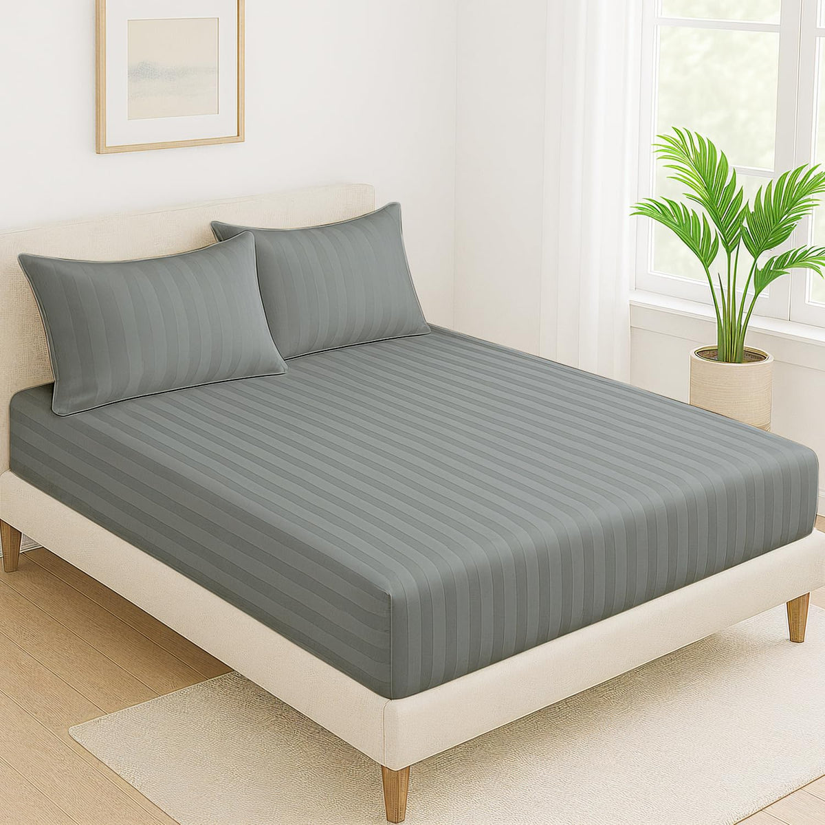 Elastic Fitted Bedsheet For Queen Size With 2 Pillow Covers | 60 X 78 Inches, Dark Grey - Soft & Comfortable Ideal For Guest Room, Hotel