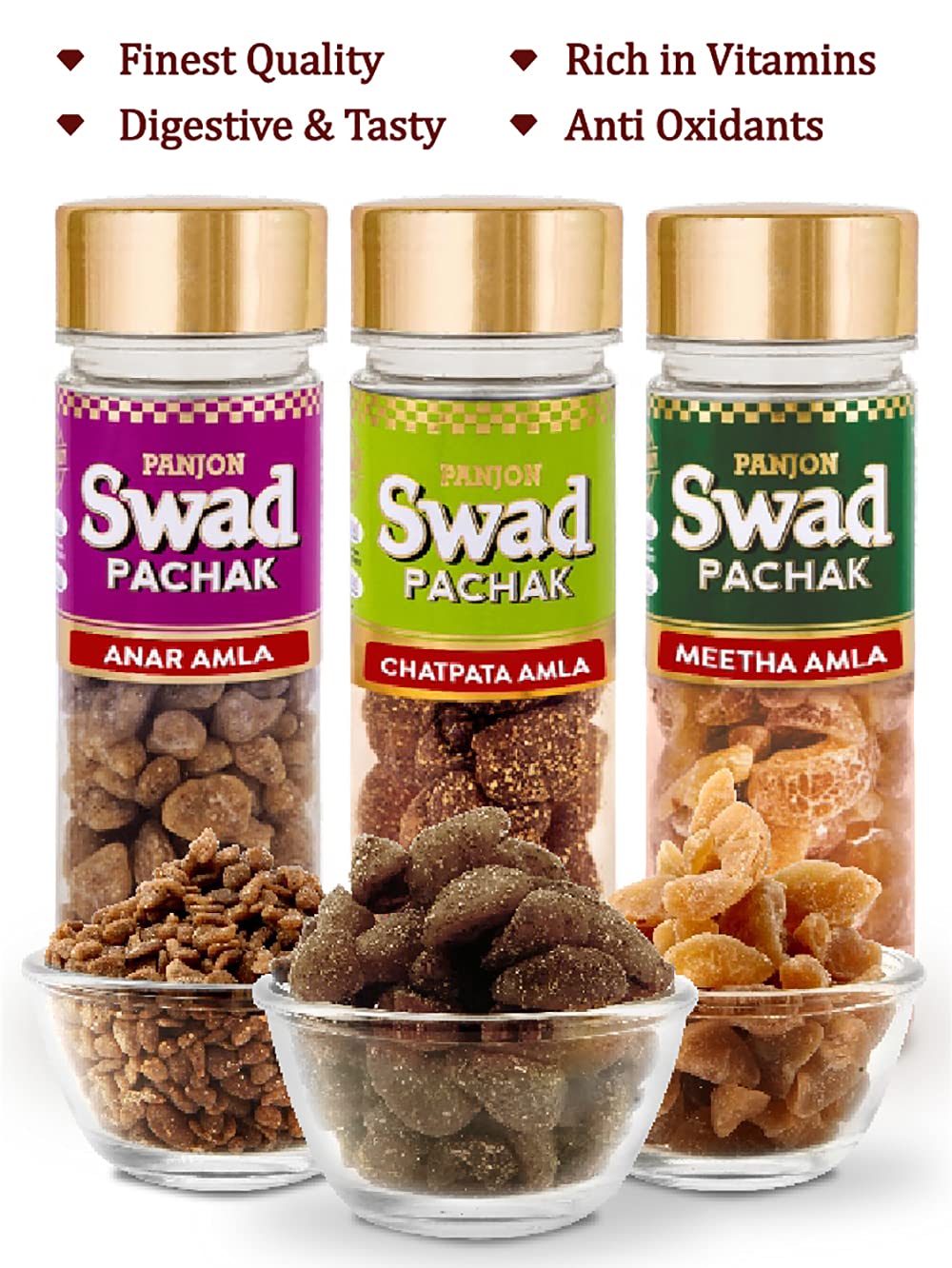 Panjon Swad Chatpata Amla, Anar Amla & Meetha Amla Candy Mukhwas 350gm, (110gm *3 Bottles)
