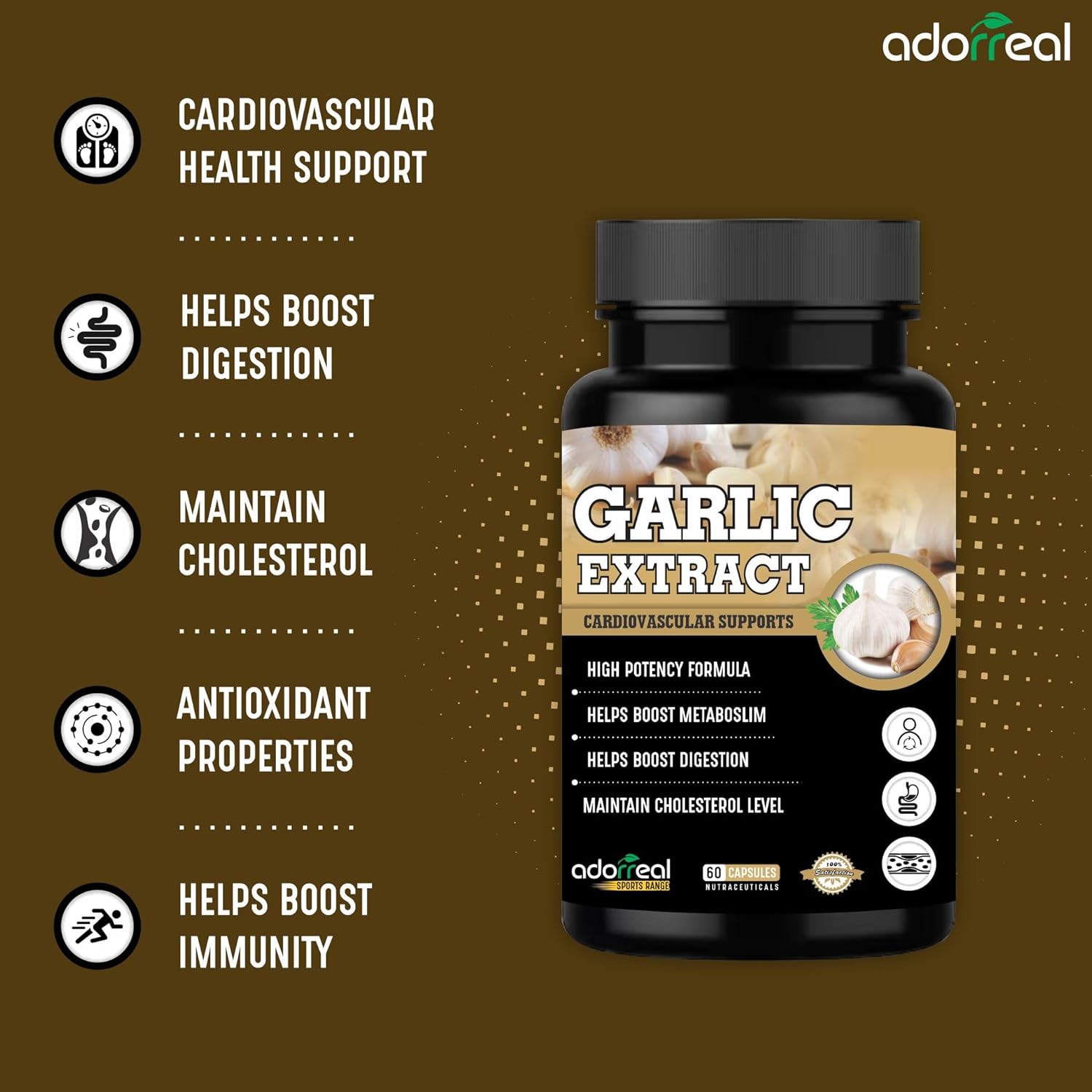 Adorreal Garlic Extract Capsules, Cardiovascular Support, Boosts Digestion, Maintains Cholesterol, Promoting Healthy Blood Flow & Circulation | 60 Capsules 100gm 0.2lbs