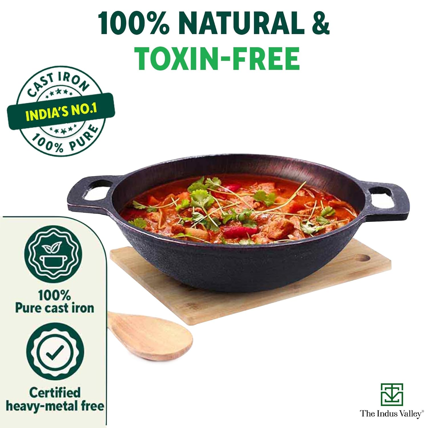 Super Smooth Brown Cast Iron Kadai - Medium, 25.4cm, 10 Inch, 2.5 Liters, 2.4 Kg | Nonstick, Pre-Seasoned Kadhai, 100% Pure & Toxin-Free, No Chemical Coating