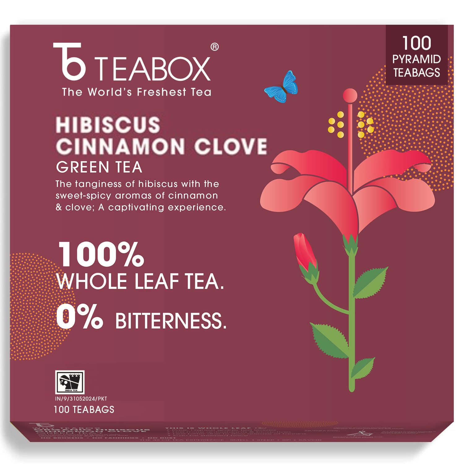 Teabox Hibiscus Cinnamon Clove Green Tea - 100 Pyramid Tea Bags | Natural Hibiscus, Cinnamon & Clove - Antioxidant Rich, Improves Immunity | Low Caffeine, 0% Bitterness