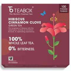 Teabox Hibiscus Cinnamon Clove Green Tea - 100 Pyramid Tea Bags | Natural Hibiscus, Cinnamon & Clove - Antioxidant Rich, Improves Immunity | Low Caffeine, 0% Bitterness