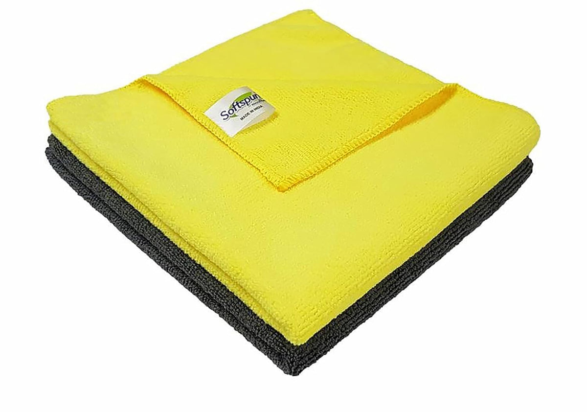 Softspun Microfiber Cleaning Cloths Towel Set 340 Gsm | Highly Absorbent Lint And Streak Free Multi-Purpose Wash Cloth For Kitchen, Car, Stainless (2 Pcs)- Yellow & Grey