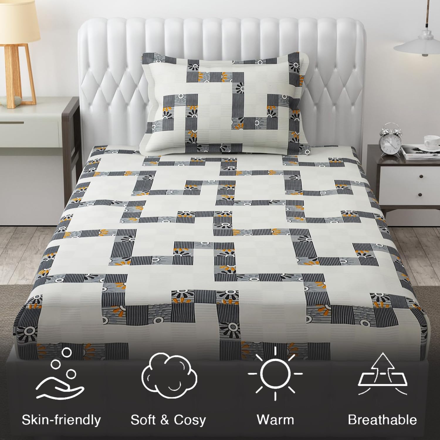 Microfiber Single Bedsheet Set With 1 Pillow Covers (60 X 90 Inches) Grey & Black | Durable & Long-Lasting | 144 Thread Count | Wrinkle Free