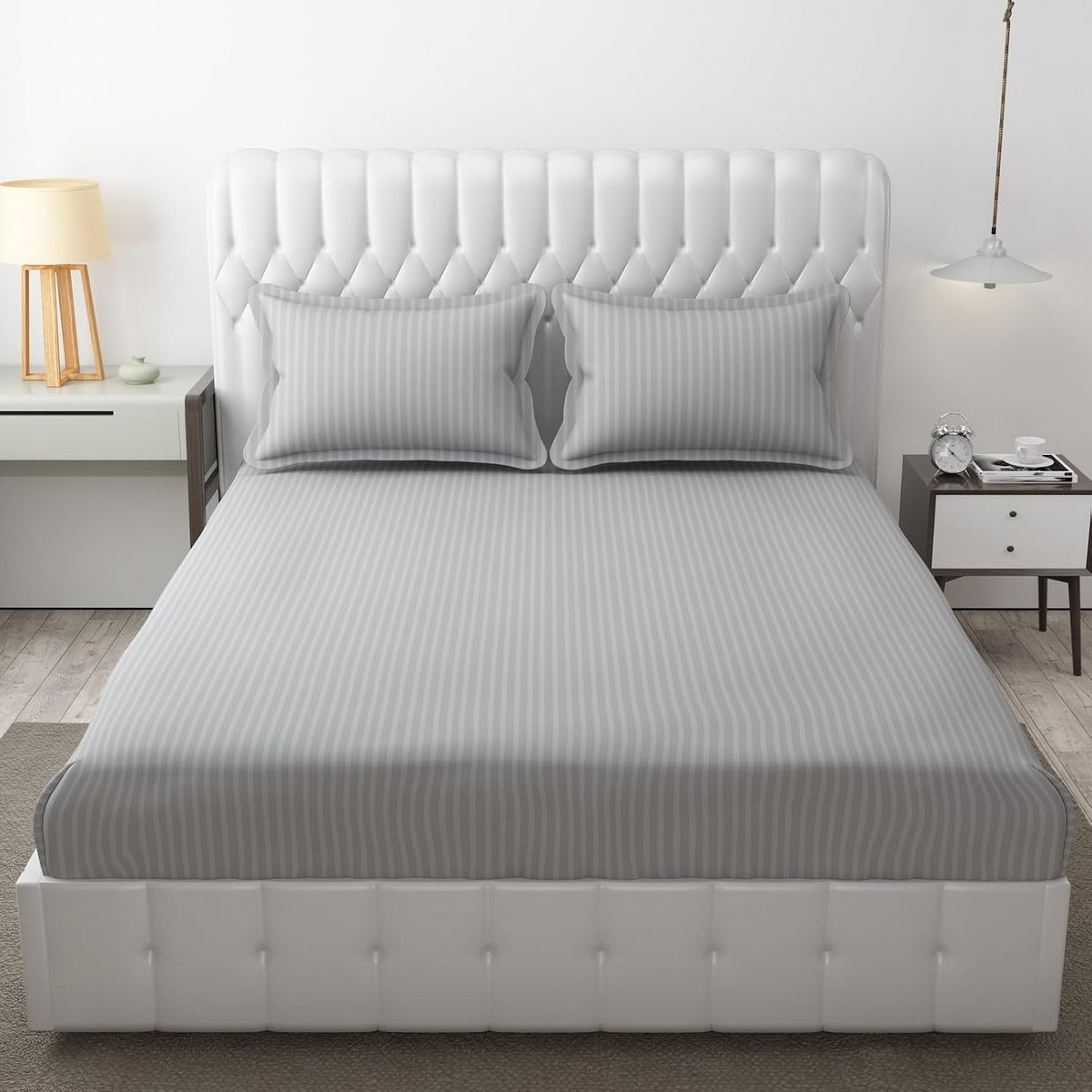 Elastic Fitted Bedsheet For Double Bed With Two Pillow Covers | King Size - 72 X 78 Inches, Grey | Durable & Soft Fabric Offers Comfort