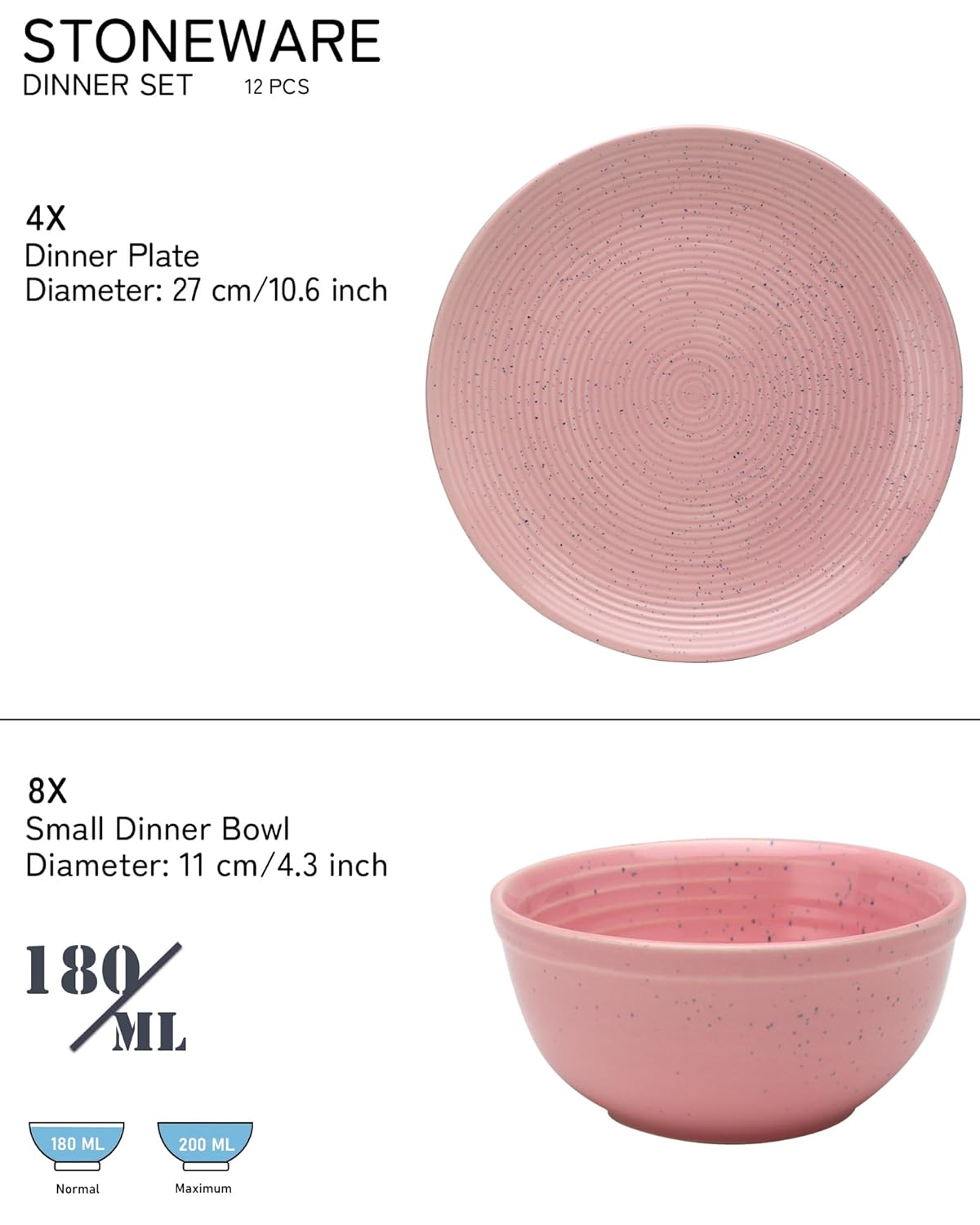 Handcrafted Ceramic Stoneware Dinner Set - Pack Of 12 Pcs, Blush Pink | 4 Dinner Plates, 10.6 Inch Each + 8 Small Dinner Bowl, 180ml Each - Microwave & Dishwasher Safe