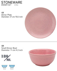 Handcrafted Ceramic Stoneware Dinner Set - Pack Of 12 Pcs, Pastel Pink | 4 Dinner Plates, 10.6 Inch Each + 8 Salad Bowl, 180ml Each - Microwave & Dishwasher Safe