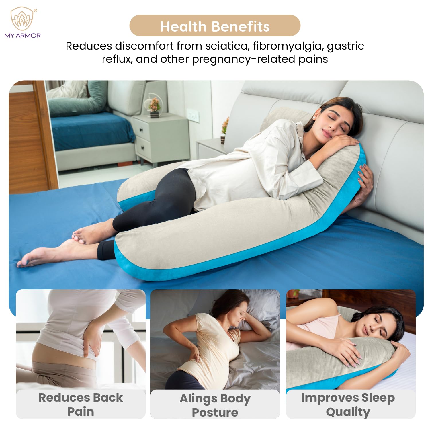 Full Body U Shape Pregnancy Pillow For Women, Maternity Pillow, Cream & Sky Blue | Pillow Gift For Pregnancy Sleeping, Premium Velvet Cover With Zip | Adjustable & Washable, Relieves Pain