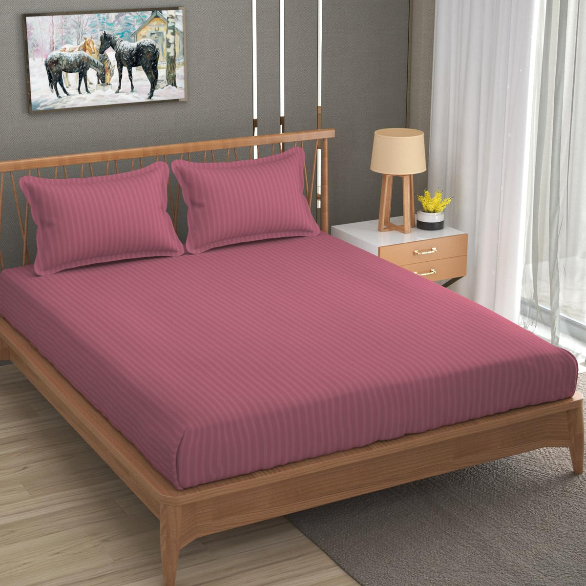 Cotton Elastic Fitted King Size Double Bed Bedsheet With 2 Pillow Covers - 72x78x6 Inches, Pink | Durable Bedsheets For Everyday Comfort
