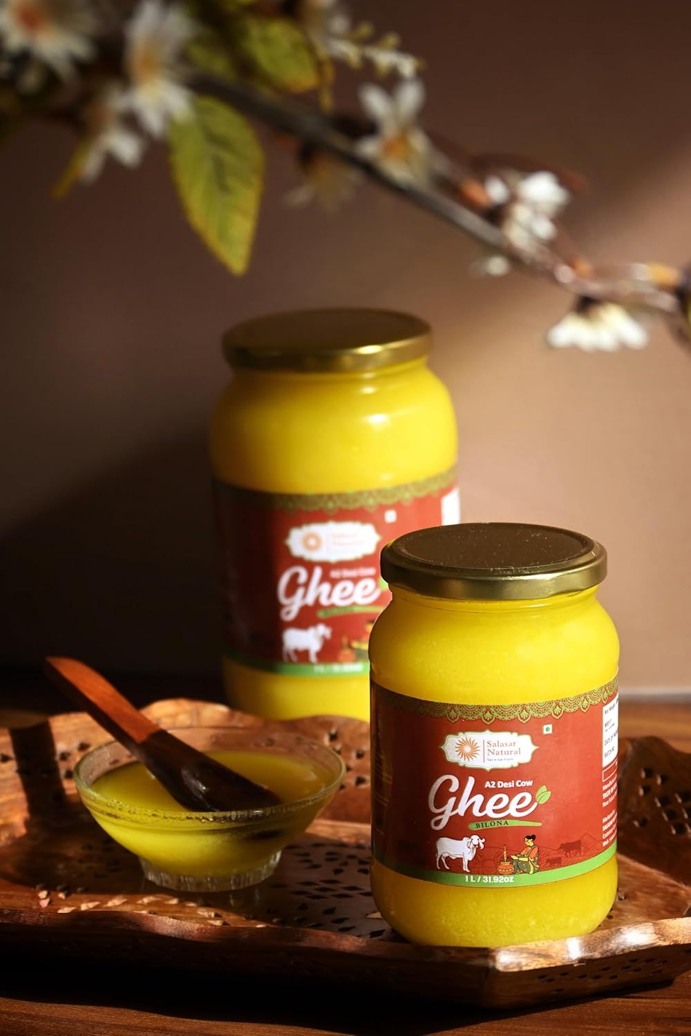 100% Pure A2 Bilona Desi Cow Ghee By Salasar Organic | Bilona Method Curd-Churned Pure Desi Ghee Good For Body Muscles | (500ml) 16.9 Ounce | Jar Pack