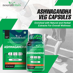 Nourishvitals Ashwagandha Pure Herbs, 500mg Ashwagandha Extract, Boosts Overall Wellness & Supports Enhanced Muscle Strength | 60 Veg Capsules 100gm 0.2lbs Each Pack Of 3