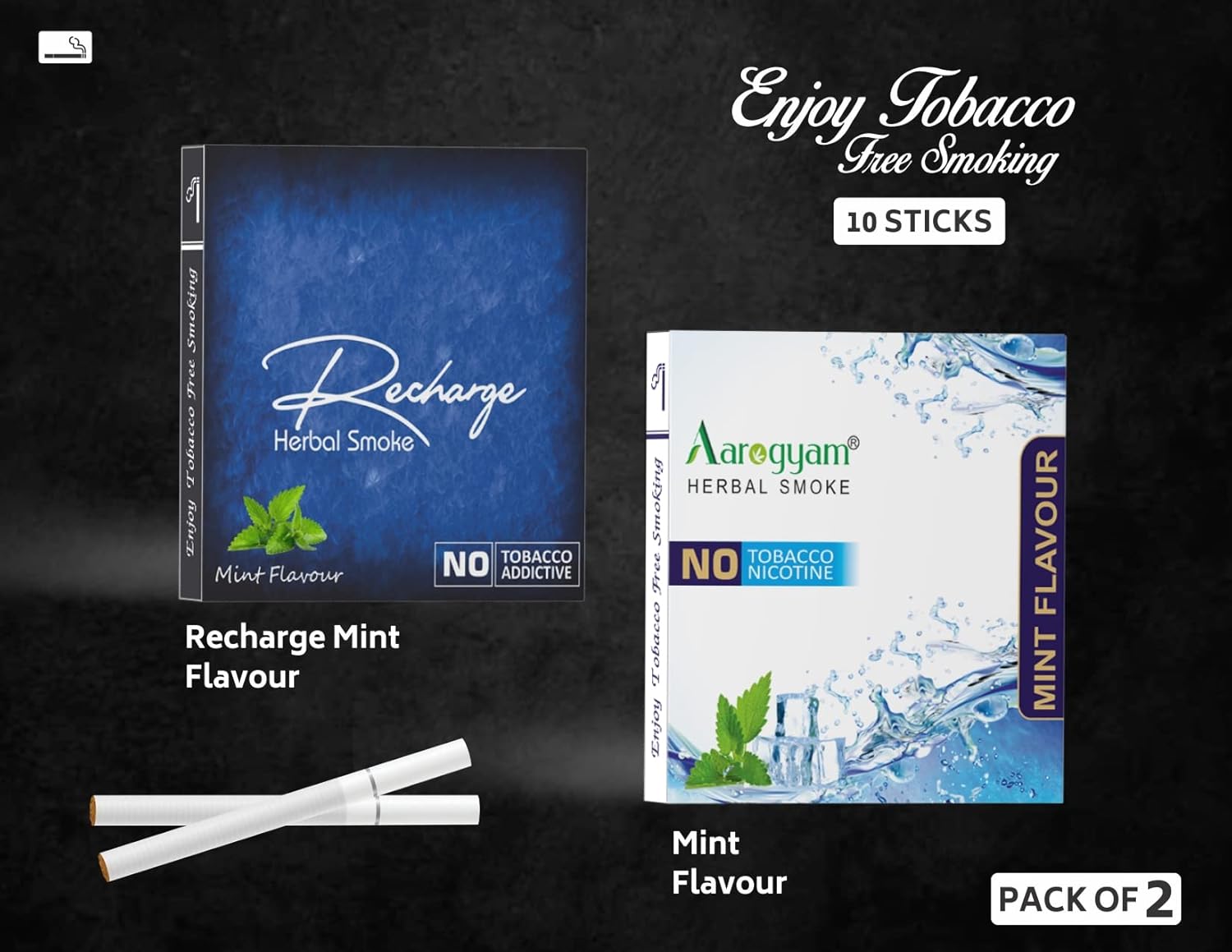 Aarogyam Herbals Pack Of 2 Flavours 100% Tobacco & Nicotine Free Cigarette For Relieve Stress & Mood Enhance Product Mint, Recharge - 10 Sticks X 2 Packets
