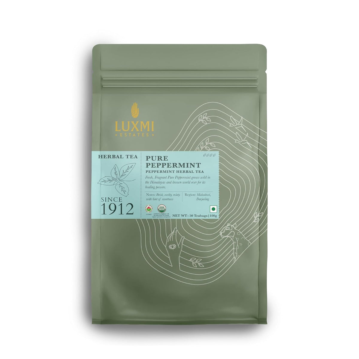 Luxmi Estates Pure Peppermint Herbal Tea - 100gm, 3.5 Ounce, 50 Tea Bags | USDA Certified Organic Tea - Caffeine Free Herbal Tea | Rich In Antioxidants, Additives Free - Mint Tea Best For Night Time