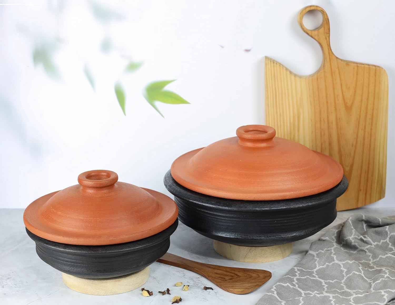 Deep Burned Uncoated Clay Pot Or Mitti Handi With Lid Combo + 2 Wooden Spatulas Complimentary Pack Of 2 - Black, 2+3 Liters | Pre-Seasoned Mud Pot - Unglazed, Double Fired, Hand Crafted