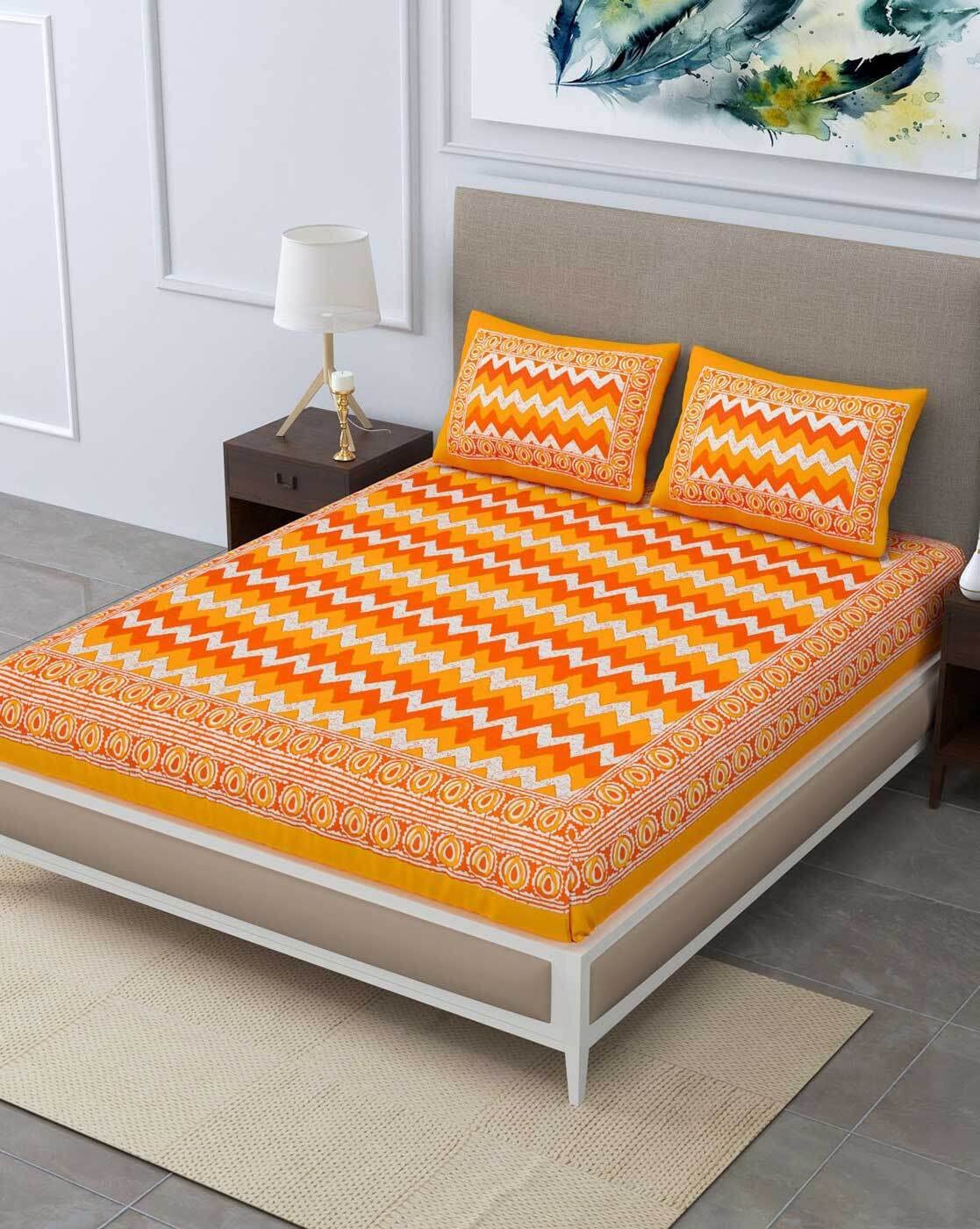 Printed Double Bedsheets For King Size With Tow Matching Pillow Covers - 90 X 100 Inches, Orange | Comfort Jaipuri Collection Bedsheet - Suitable For All Seasons