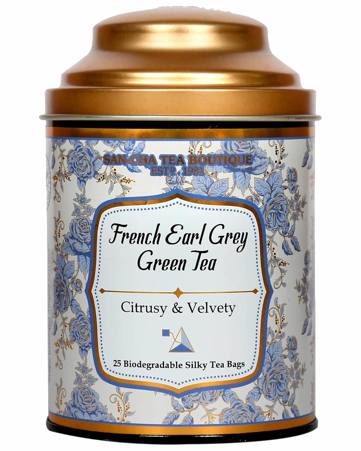 San-Cha French Earl Grey Green Tea - 25 Biodegradable Silky Tea Bags | Citrusy & Velvety Detox Tea - Environment Friendly & Made In Corn Fiber | Low Caffeine, Low Bitterness