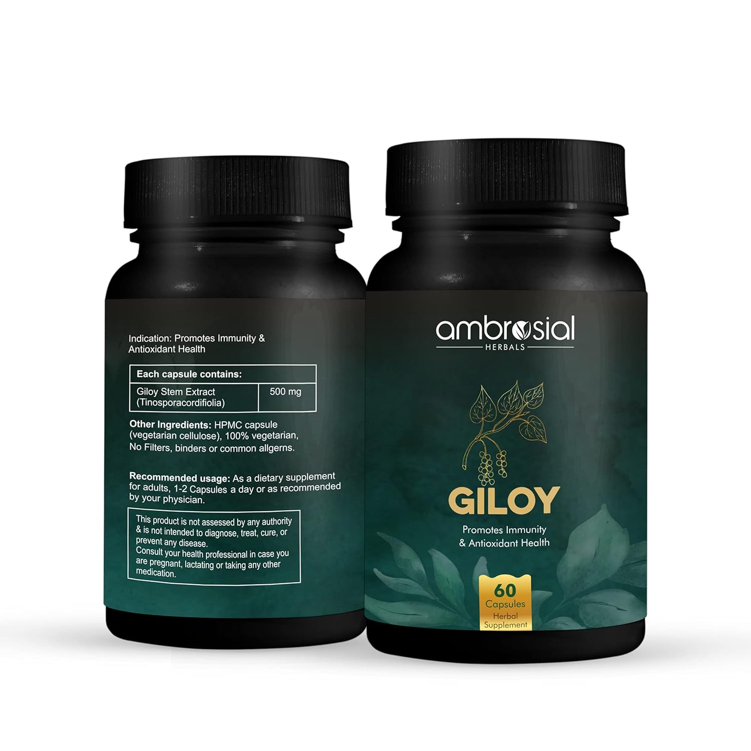 Ambrosial Giloy (Guduchi) High Strength 500mg Natural Giloy Extract Strengths Immune System & Antioxidant Health, Supports Overall Wellness | 60 Capsules 100gm 0.2lbs