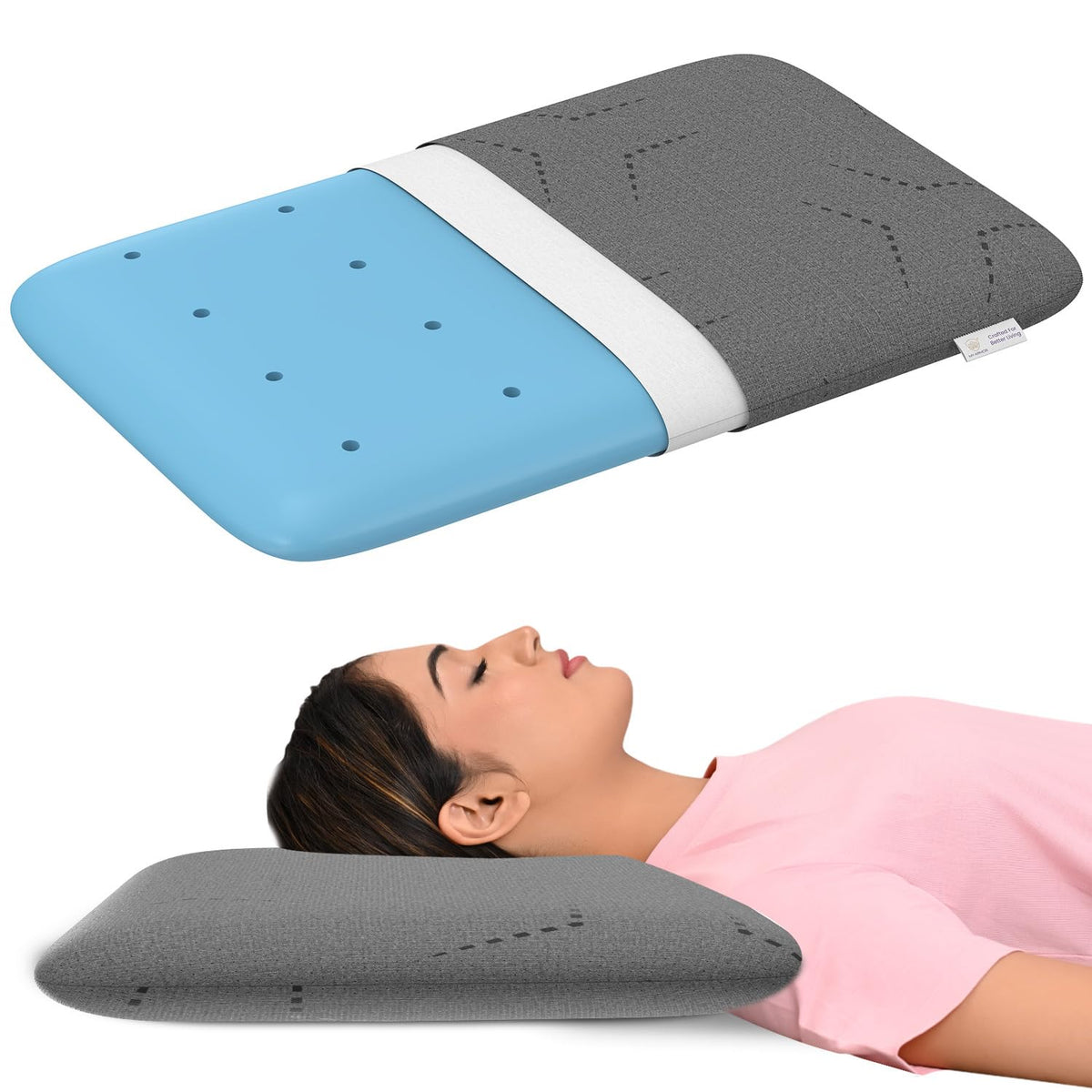 Cooling Gel Memory Foam Pillow, Pillow For Sleeping, Thin Size - 3 Inch | Neck Pain Relief & Back Support Cushion With Grey Pillow Cover | Portable, Removable Cover - Pack Of 1