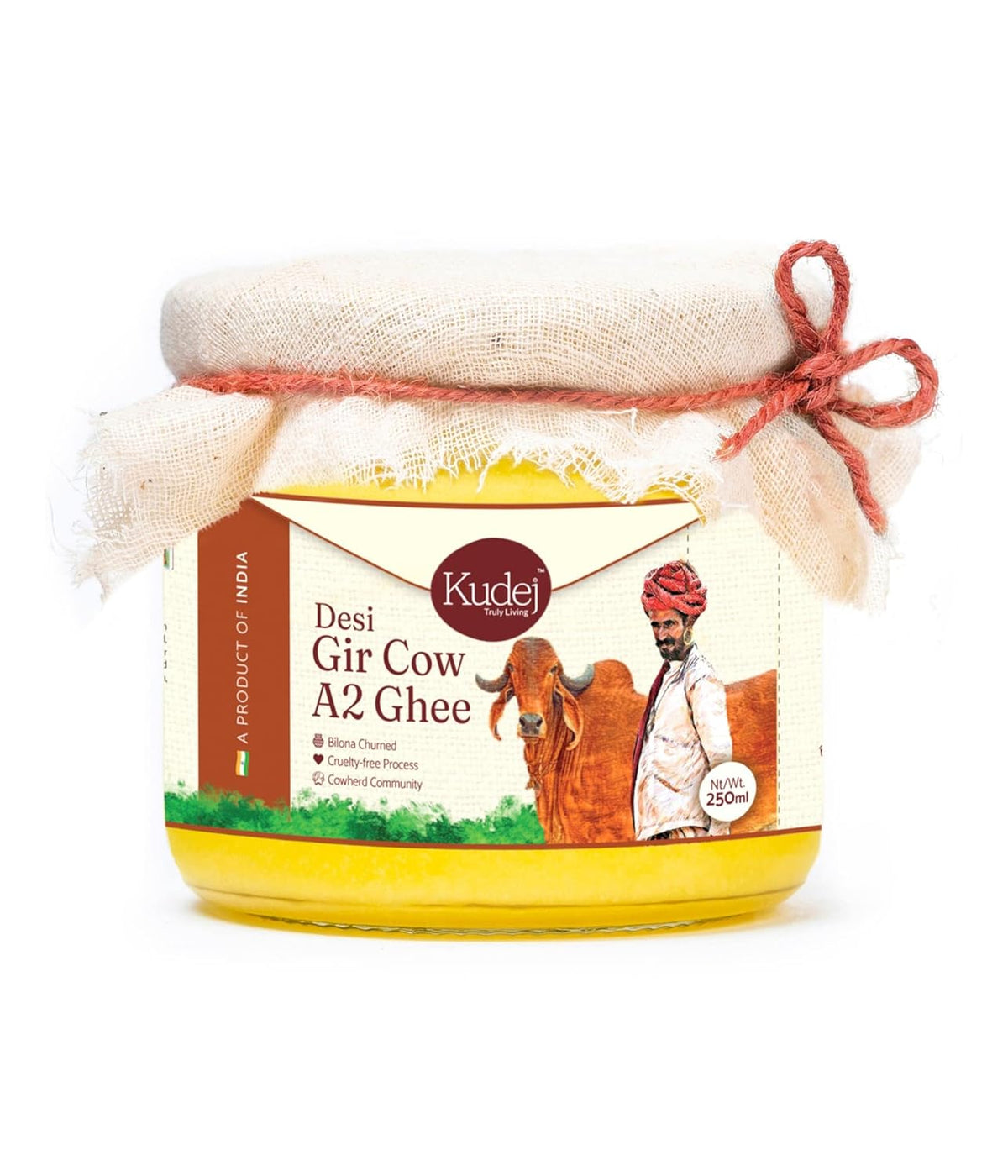 Premium Gir Cow A2 Ghee By Kudej | High In Vitamins A, D & Healthy Bilona Method Desi Ghee Good For Boost Energy | (250ml) 8.4 Ounce | Jar Pack