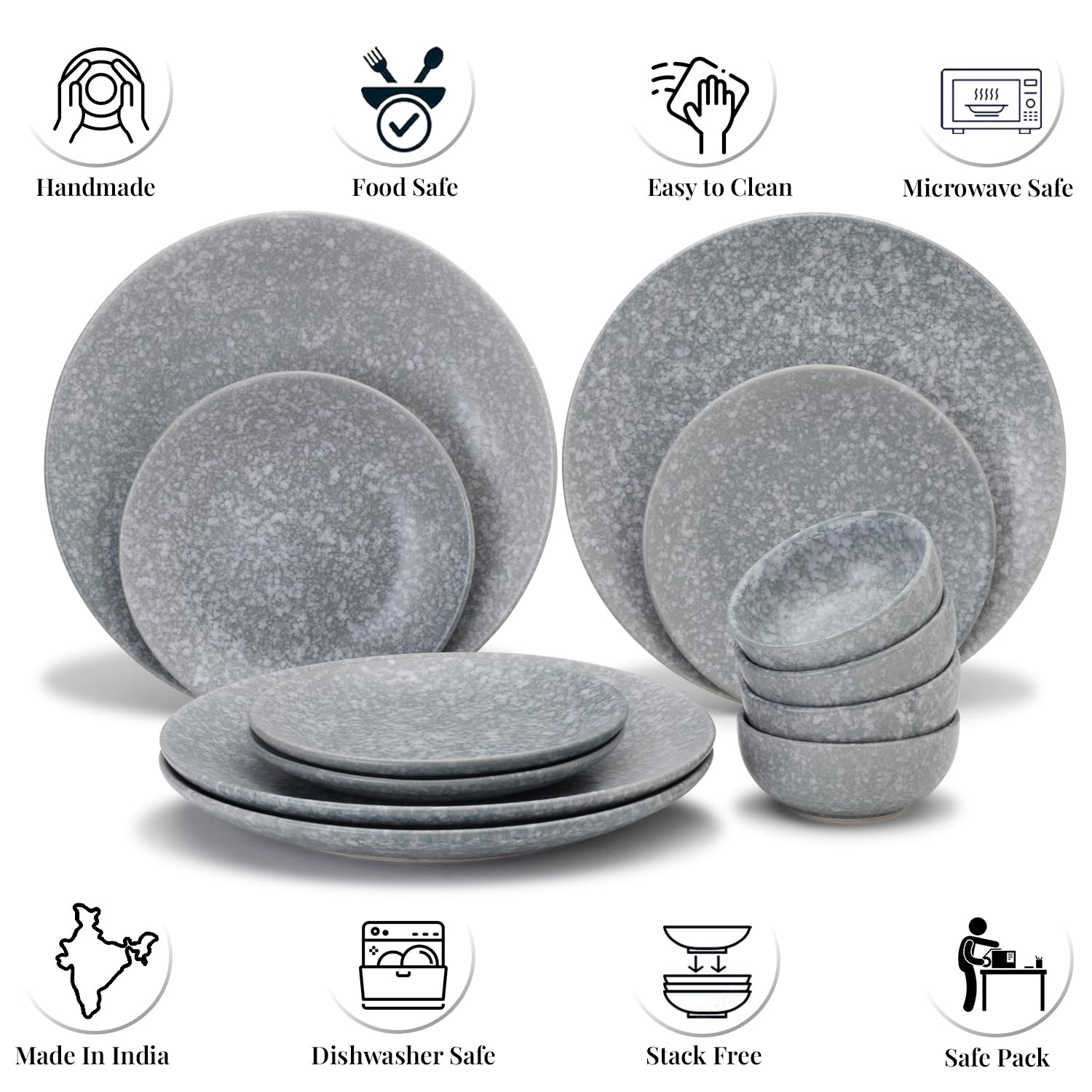 Handcrafted Premium Ceramic Dinner Set - Pack Of 12 Pcs, Silver Grey | 4 Dinner Plates, 10.6 Inch Each + 4 Small Plates, 7.4 Inch Each+ 4 Small Dinner Bowl, 160ml Each - Microwave & Dishwasher Safe