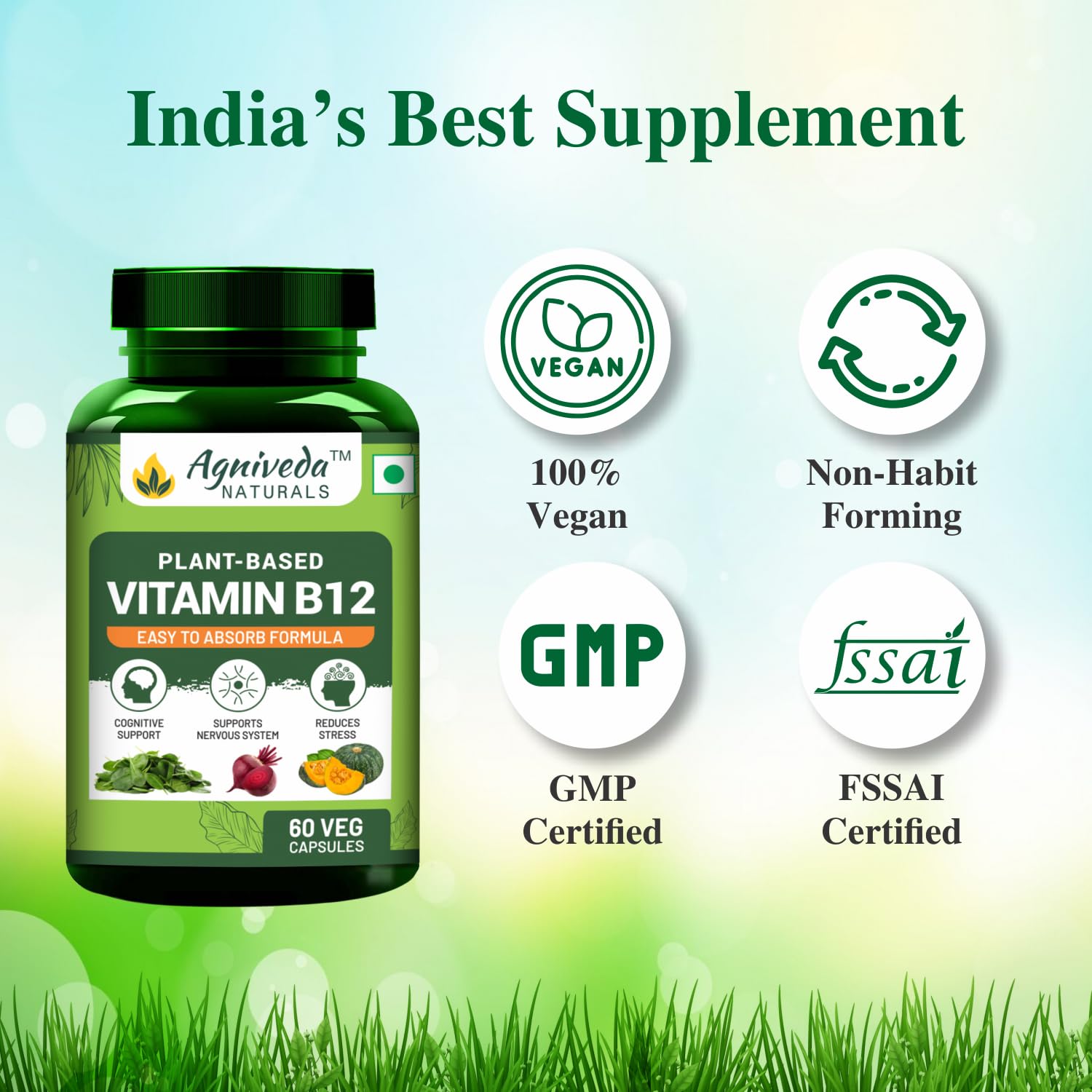 Agniveda Plant Based Vitamin B12 For Men & Women , Natural Formulation For Vegetarians & Vegans To Support Nervous System & Brain Function | 60 Capsules , 100gm 0.2lbs