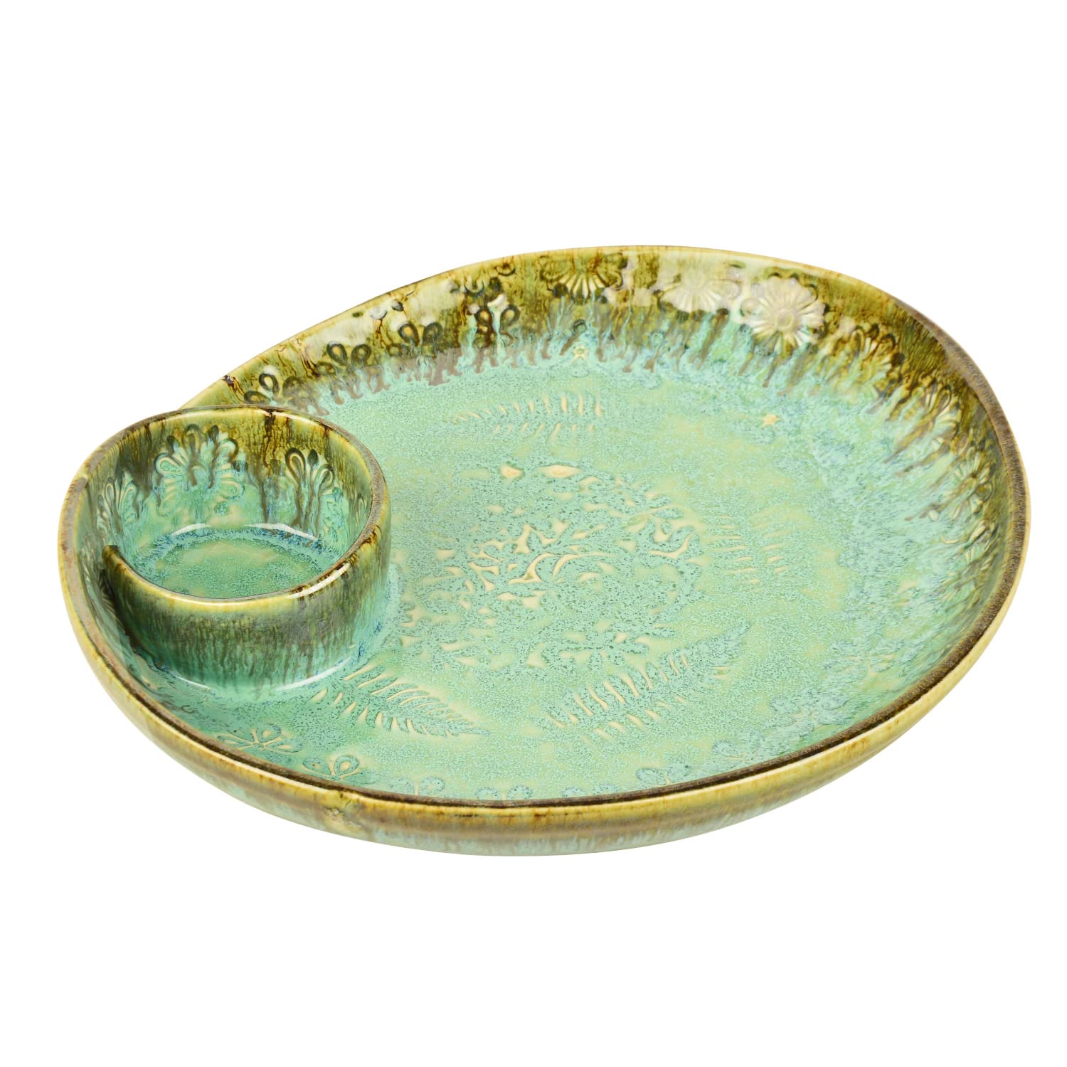 Luxurious Hand Embossed Ceramic Chip & Dip Platter With Fixed Dip Bowl - Turquoise Green, 11 Inches, 1300 Gm | Starter Serving Platter - Kebab Platter