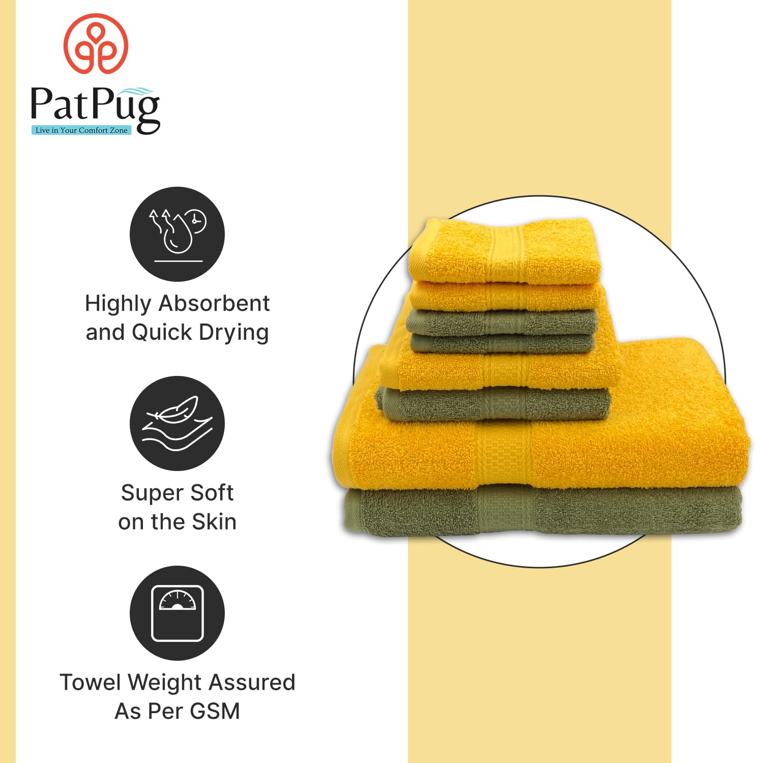 Patpug 100% Indian Cotton Plush Towel Set 2000 Gsm | Highly Absorbent, Fade Resistant, Quick Drying 2 Bath, 2 Hand & 4 Face Towel (Sunrise Yellow & Olive Green) - 8 Piece