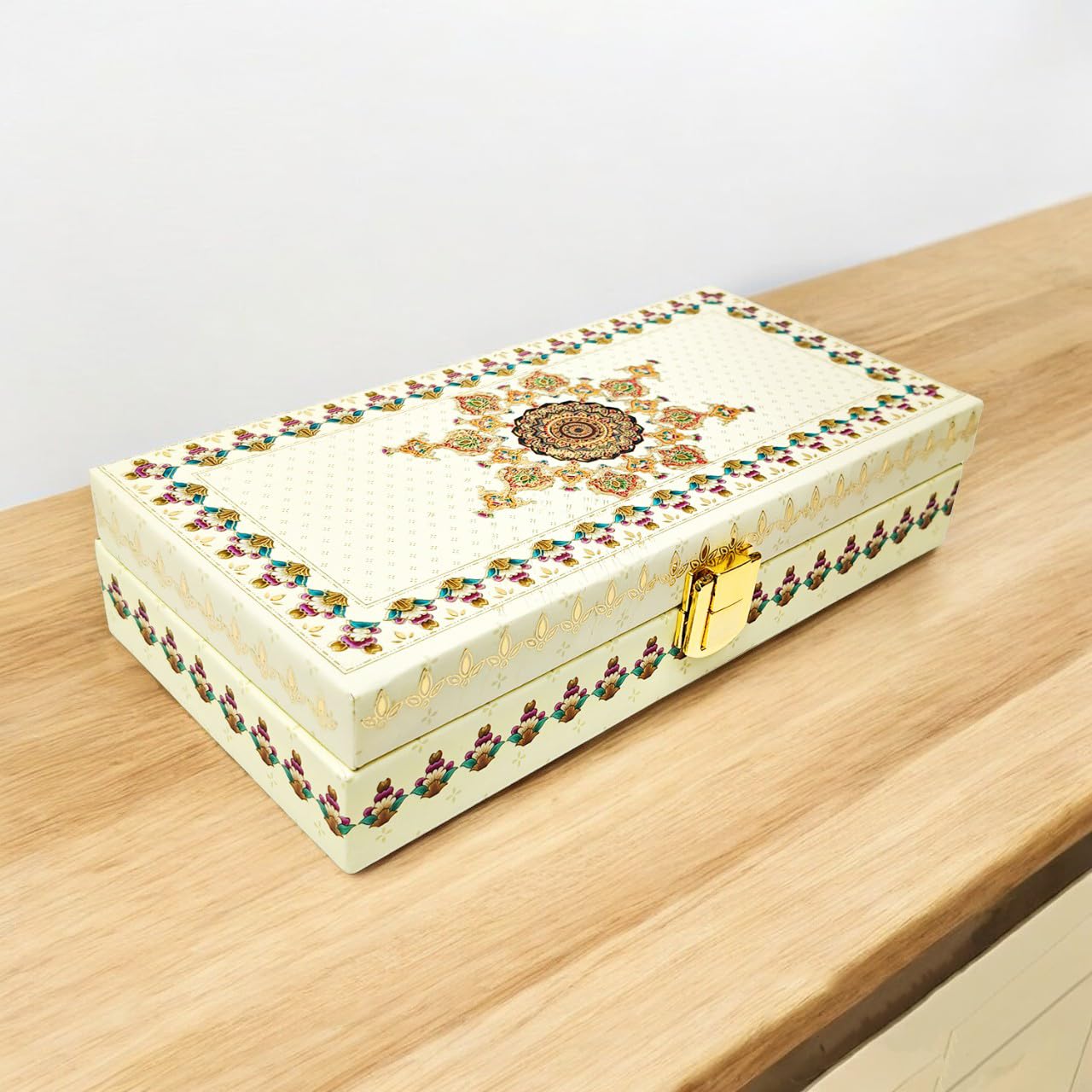 Mandela'S Design Gold Foil Scodix Print Matt Touch Decorative Box, Wedding Fancy Shagun Cash Box, Money Box, Gaddi Box, Style - Multicolor