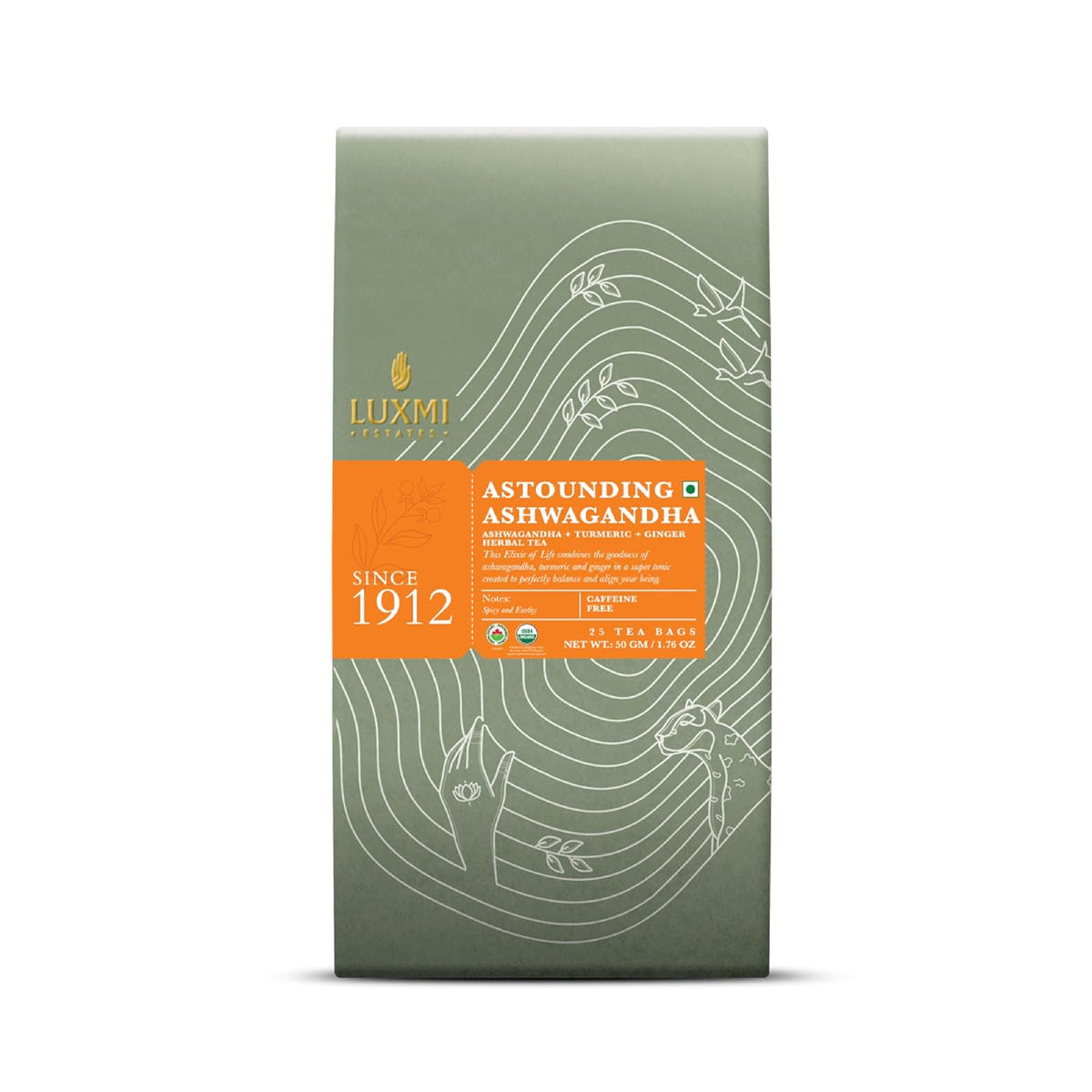 Luxmi Estates Astounding Ashwagandha Turmeric Ginger Herbal Tea Bags 50gm, 1.7 Ounce - 25 Tea Bags | Certified USDA Organic Herbal Tea Bags For Stress Support
