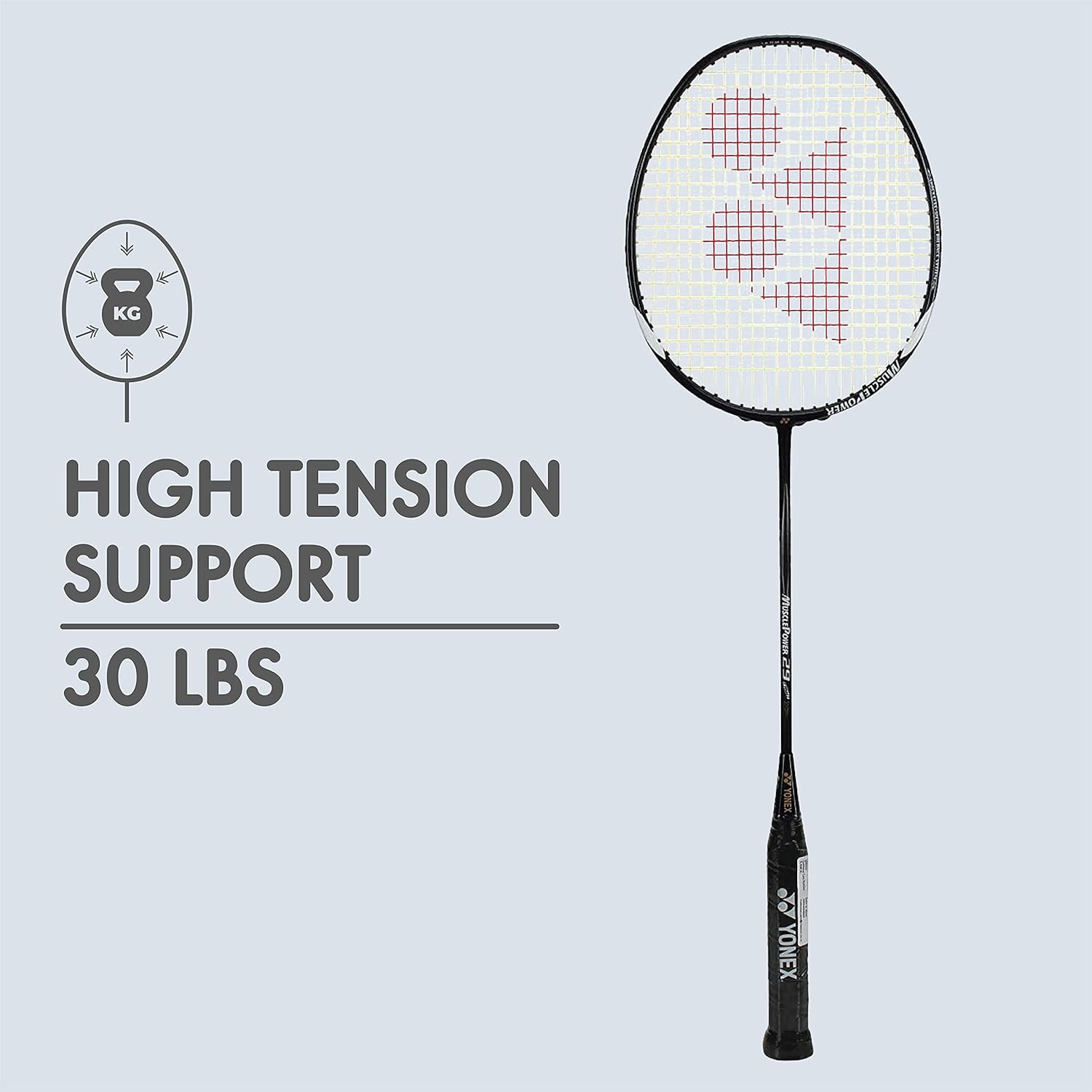 Yonex Graphite Badminton Racquet MUSCLE POWER 29 LIGHT G4, 89.9 Gm, 30 Lbs Tension, Colour - Black Grey, Grip Size - 3 3/4 Inches