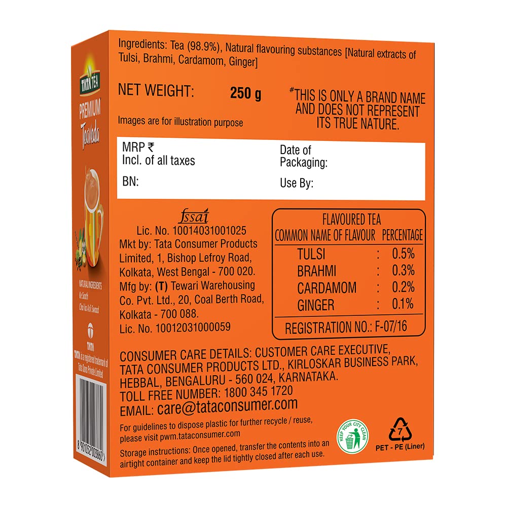 Tata Tea Premium Teaveda Assam Tea Leaves - 250gm, 8.8 Ounce | With Goodness Of Time-Tested Indian Ingredients -Tulsi, Elaichi, Ginger & Brahmi | Medium Caffeine Chai Patti