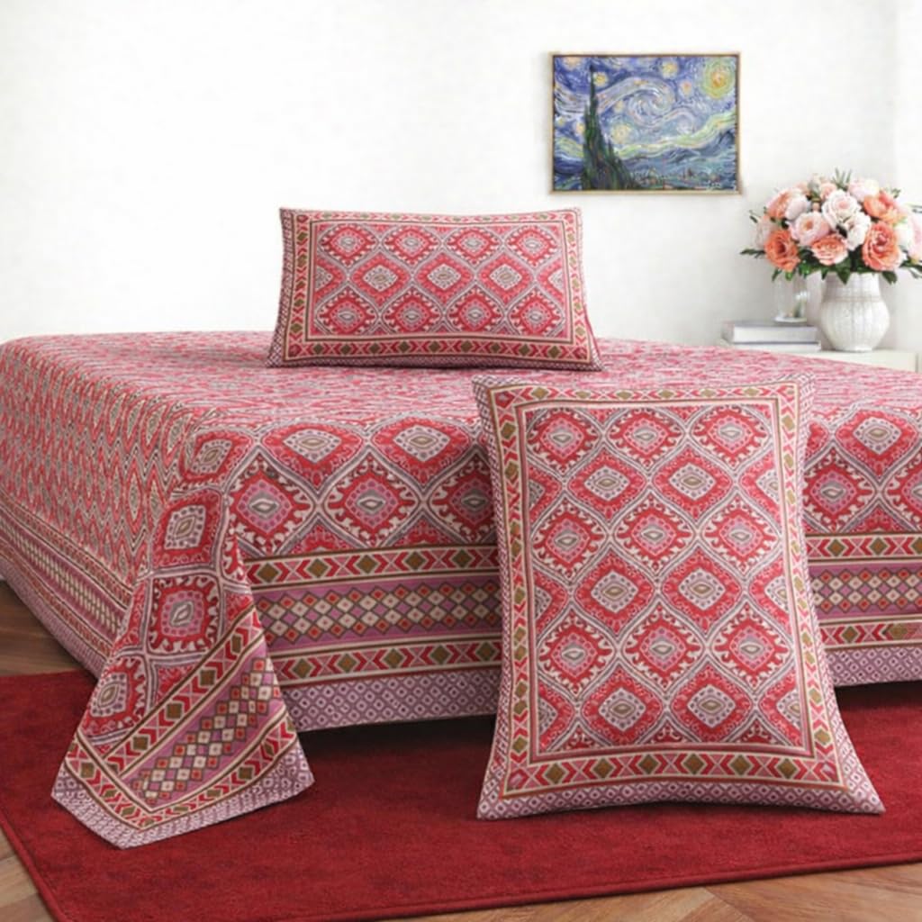 Hand Printed Cotton Bedsheet For King Size With 2 Pillow Covers | 90 X 108 Inches, Maroon | Ultra-Soft & Skin-Safe | Breathable Summer Comfort