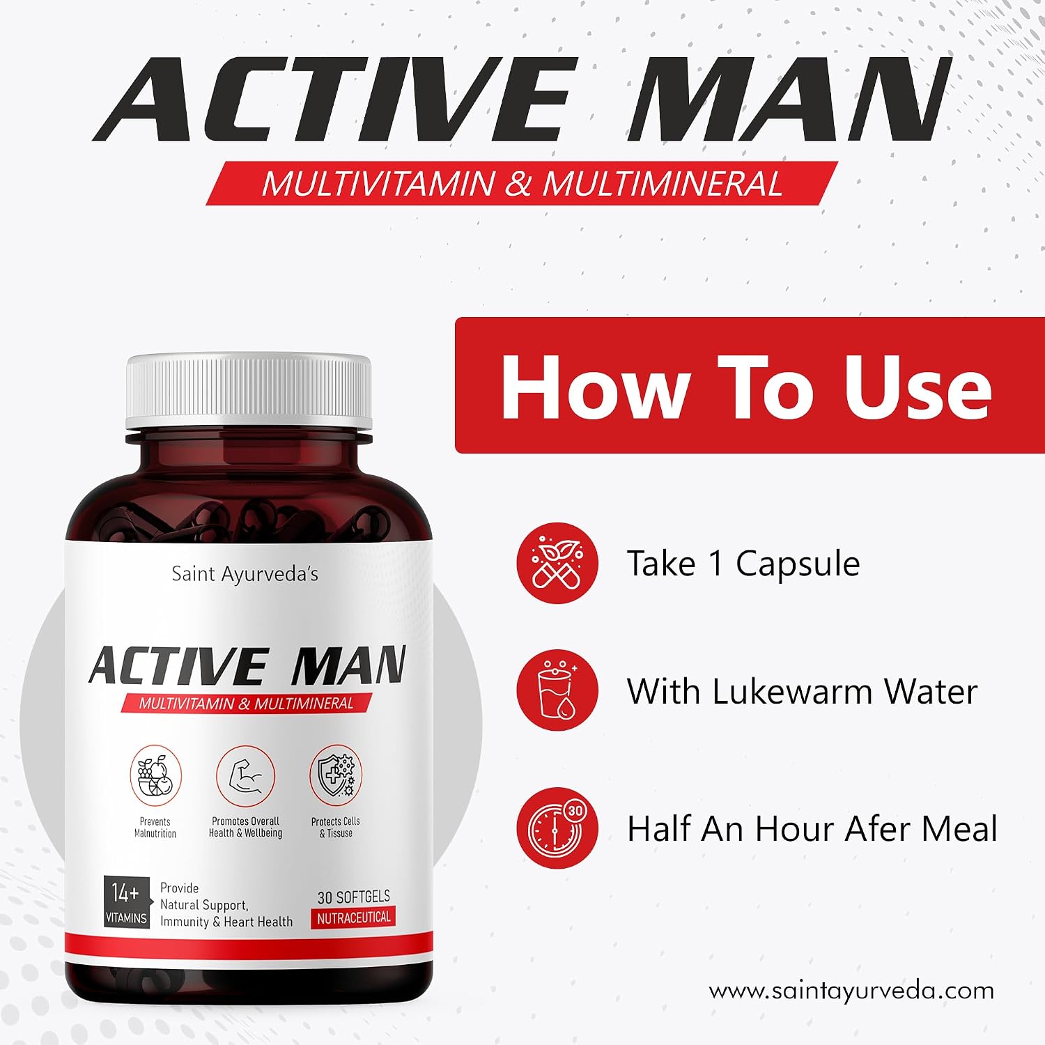 Saint Ayurveda Multivitamin Active Man With Ginseng, Lycopene, Grape Seed Extract & Vitamin B1, B2, B6, B12, A & Folic Acid For Daily Energy, Immunity, Gut & Bone Health | 30 Softgel , 50gm 0.2lbs
